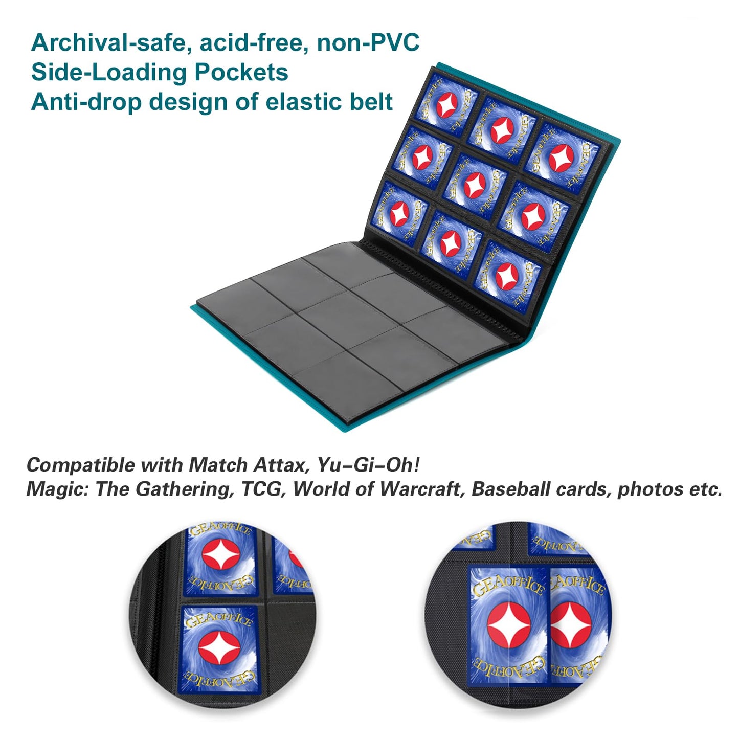 GEAoffice Card Binder – 9-Pocket Album, 360-Card Capacity, Side-Loading Pockets, Peacock Blue