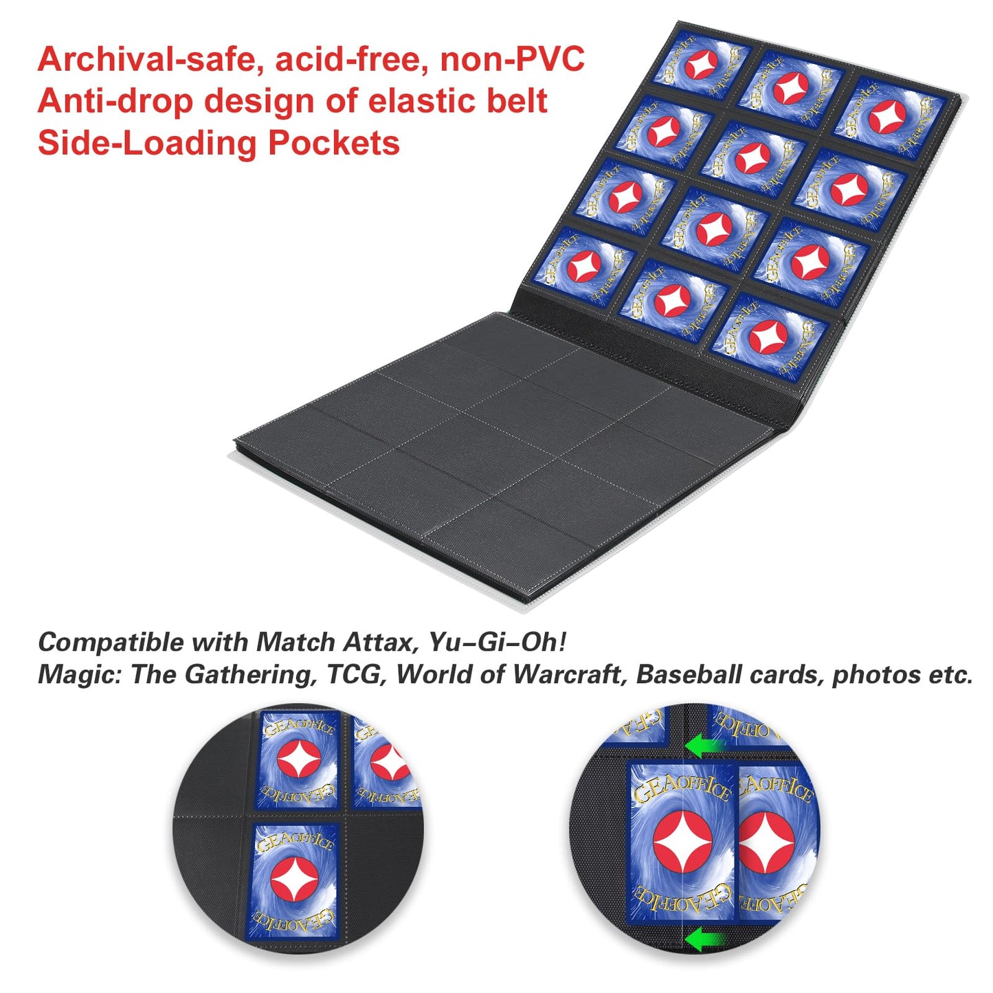 GEAoffice Card Binder — 12-Pocket Trading Card Album, 624-Card Capacity, Side-Loading Pockets, White
