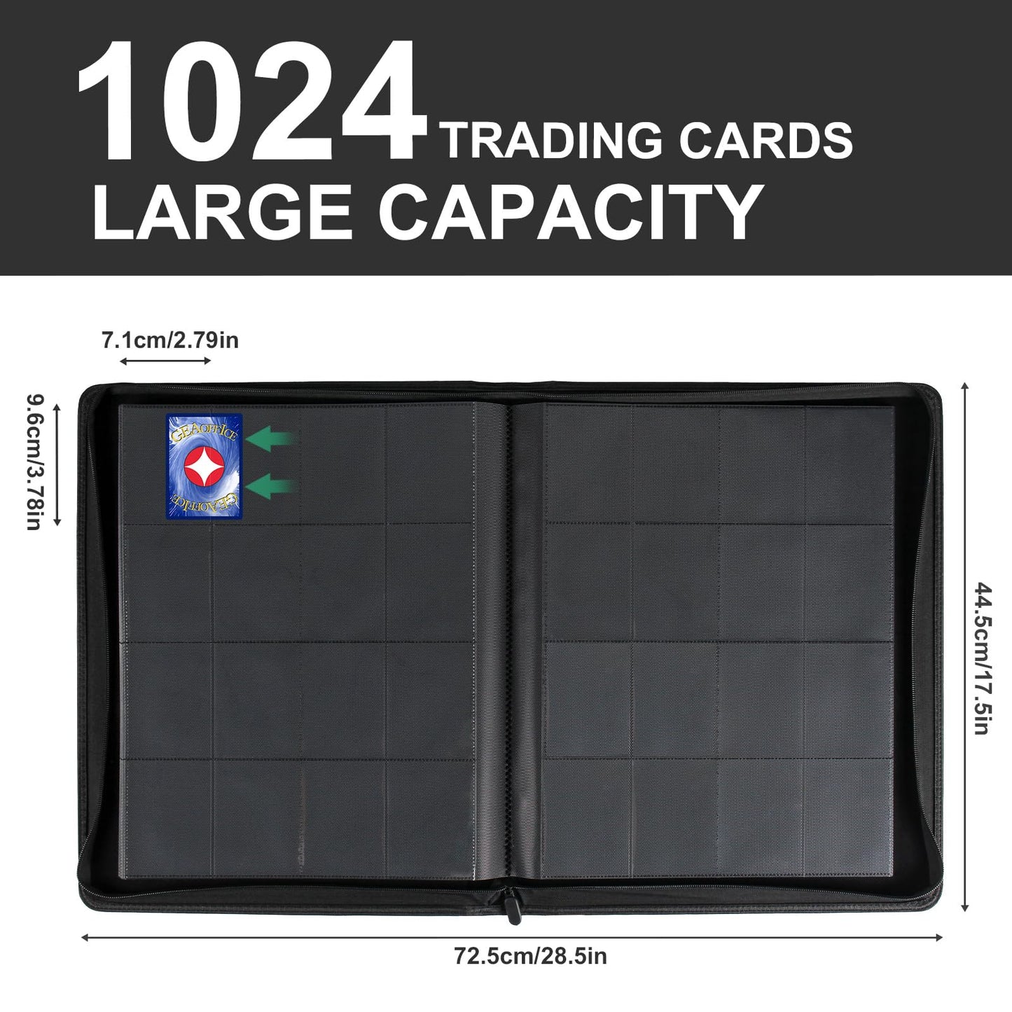 GEAoffice 16-Pocket Trading Card Binder — 1024 Card Capacity, PU Leather, Zip Closure