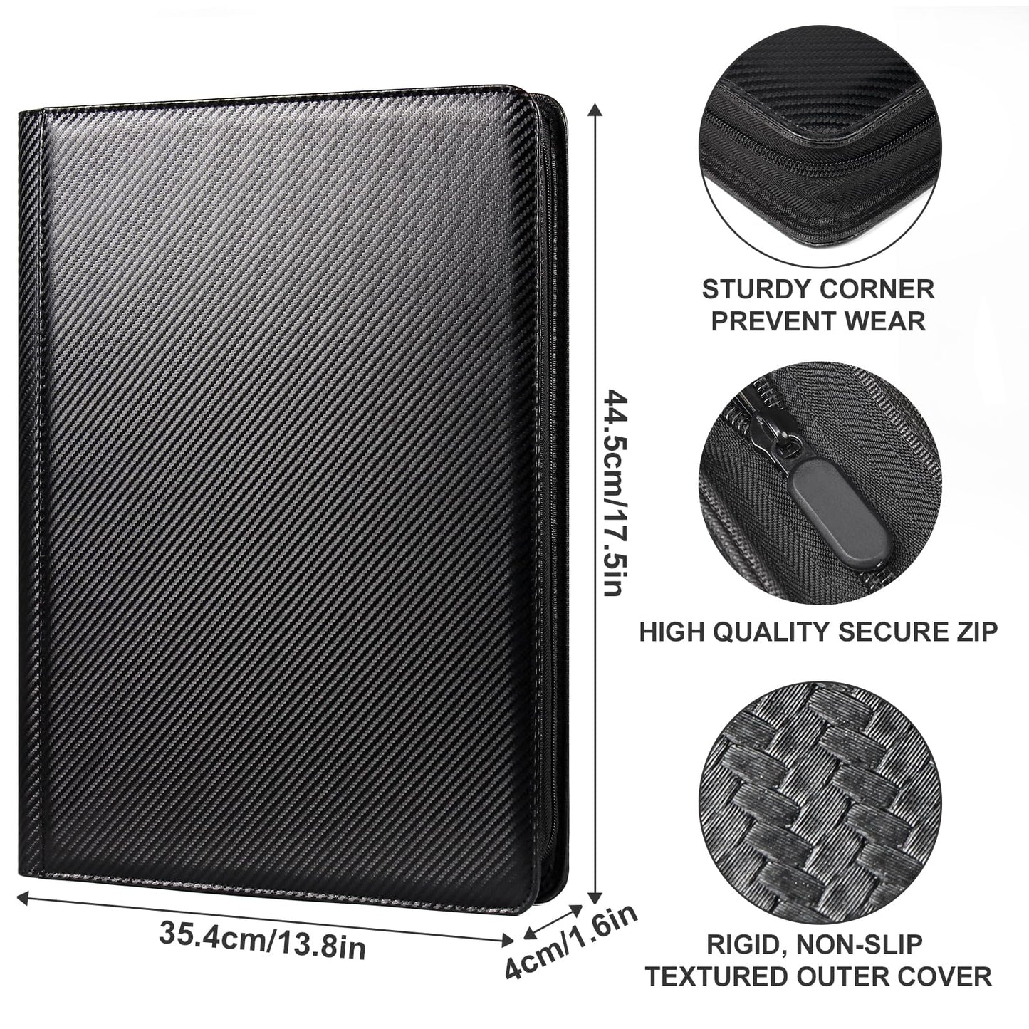 GEAoffice 16-Pocket Trading Card Binder – Holds 1024 Cards, Ringless Side-Loading, PU Leather, Zipper, 4x4 Pages, Carbon Black