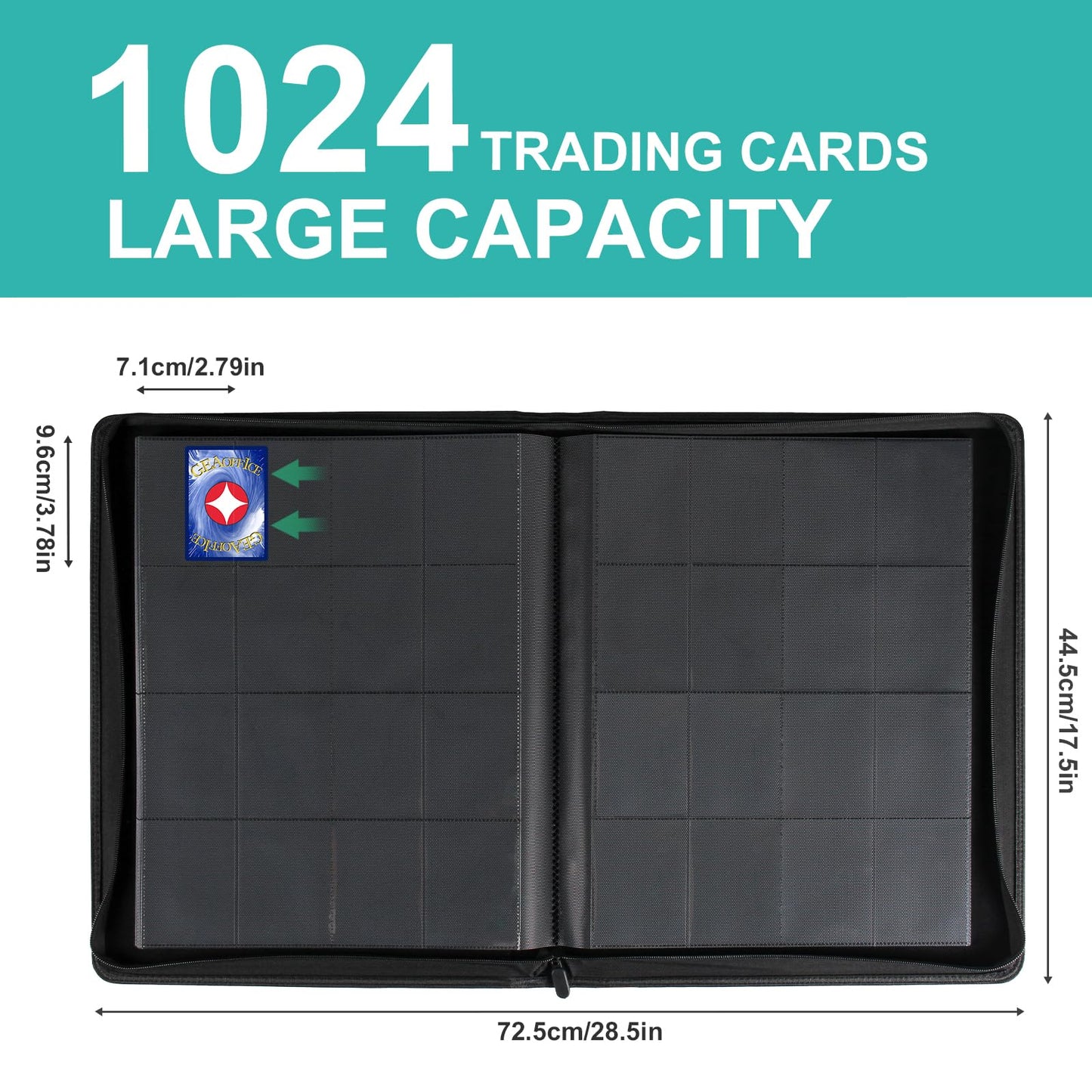 GEAoffice 16-Pocket Trading Card Binder – 1024 Card Capacity, Side-Loading, PU Leather, Turquoise