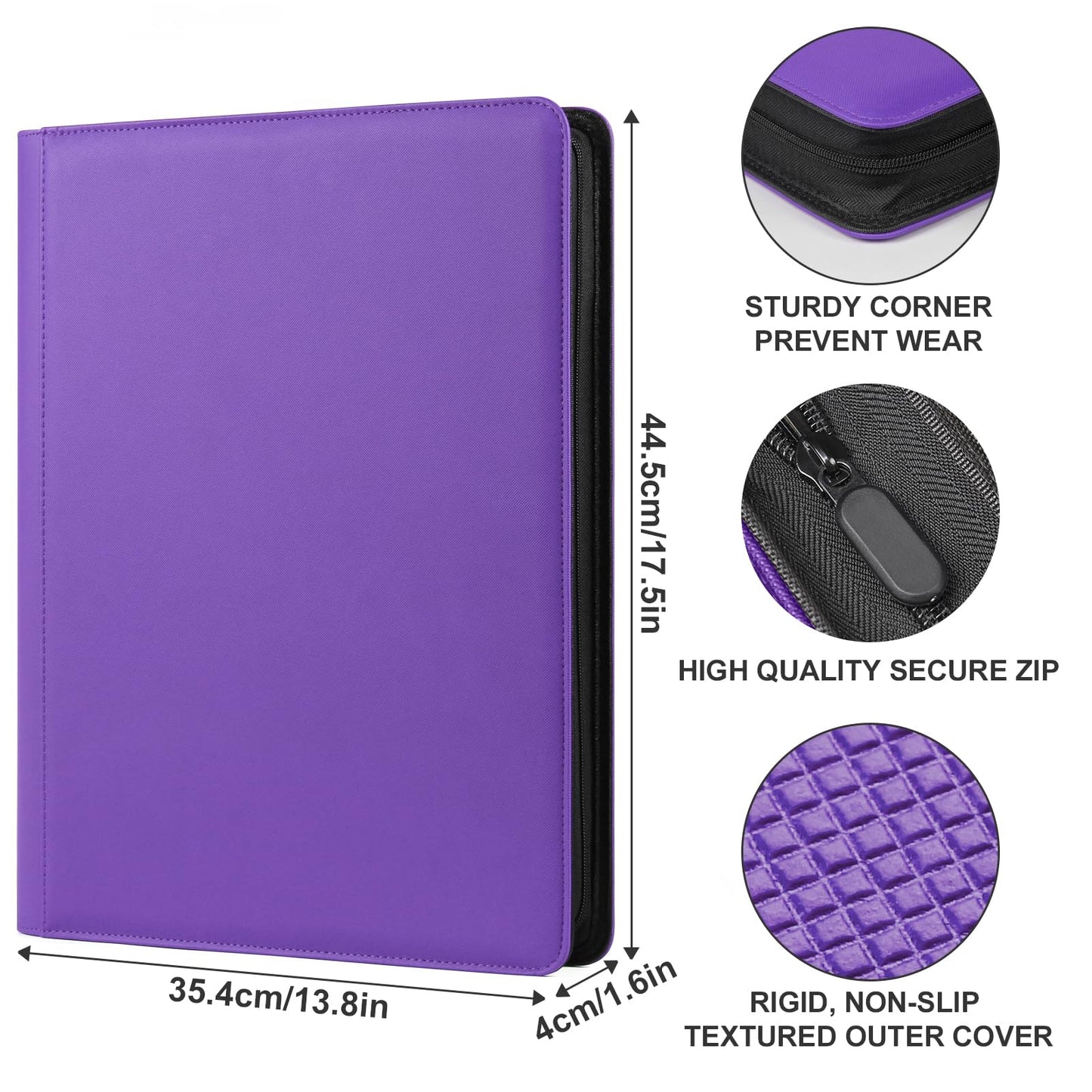 GEAoffice 16-Pocket Trading Card Binder – 1024 Card Capacity, PU Leather, Zipper, Side-Loading (Purple)