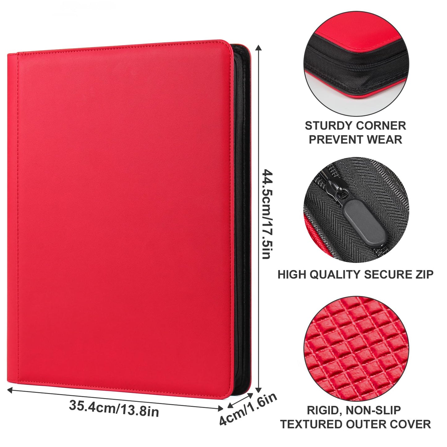 GEAoffice 16-Pocket Card Binder | Holds 1024 Cards, Red PU Leather, Side-Loading with Zipper