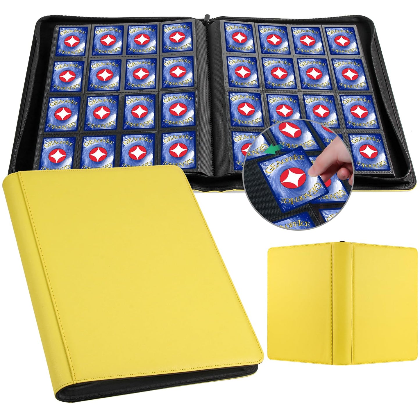 GEAoffice 16-Pocket Card Binder – 1024 Card Capacity, Yellow PU Leather, Side-Loading