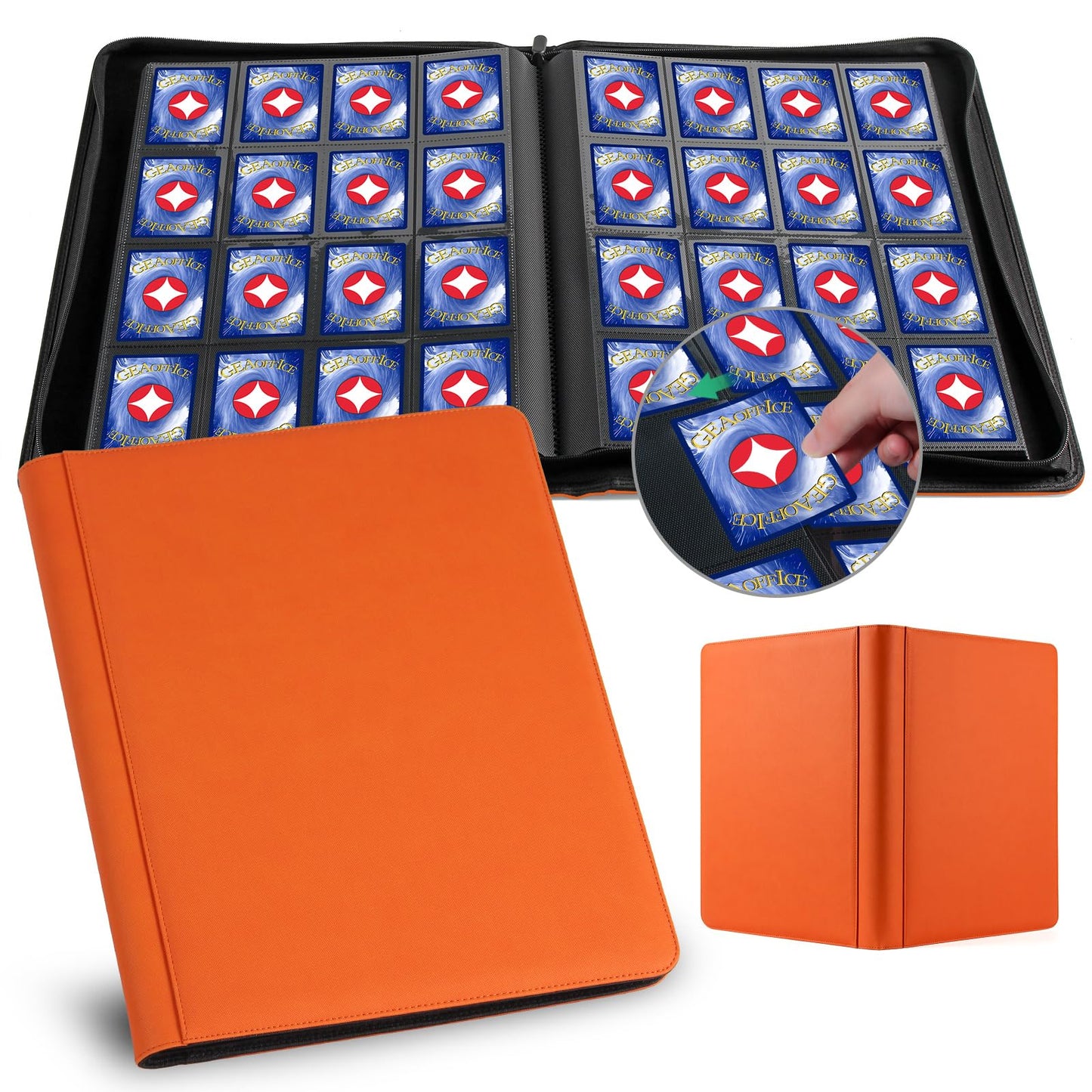 GEAoffice 16-Pocket Trading Card Binder – 1024 Card Capacity, Zippered PU Leather (Orange)