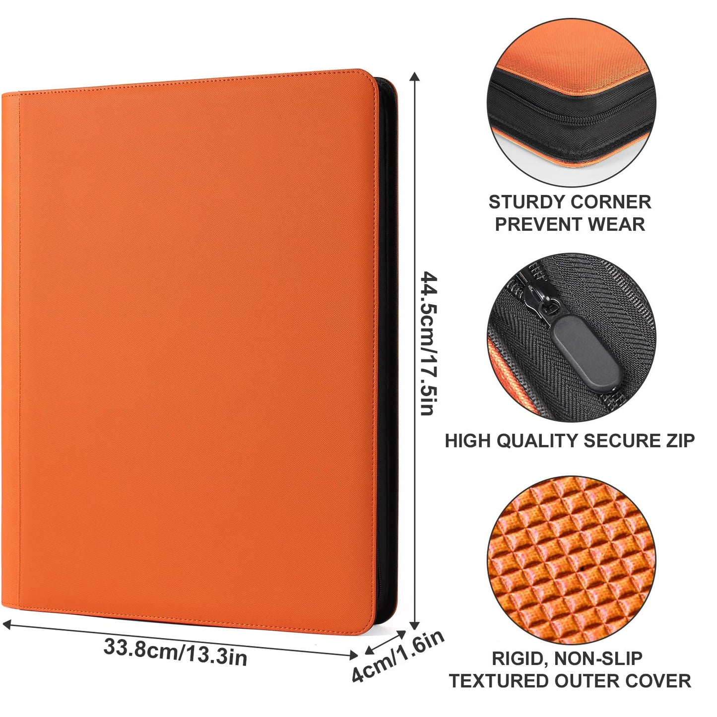 GEAoffice 16-Pocket Trading Card Binder – 1024 Card Capacity, Zippered PU Leather (Orange)