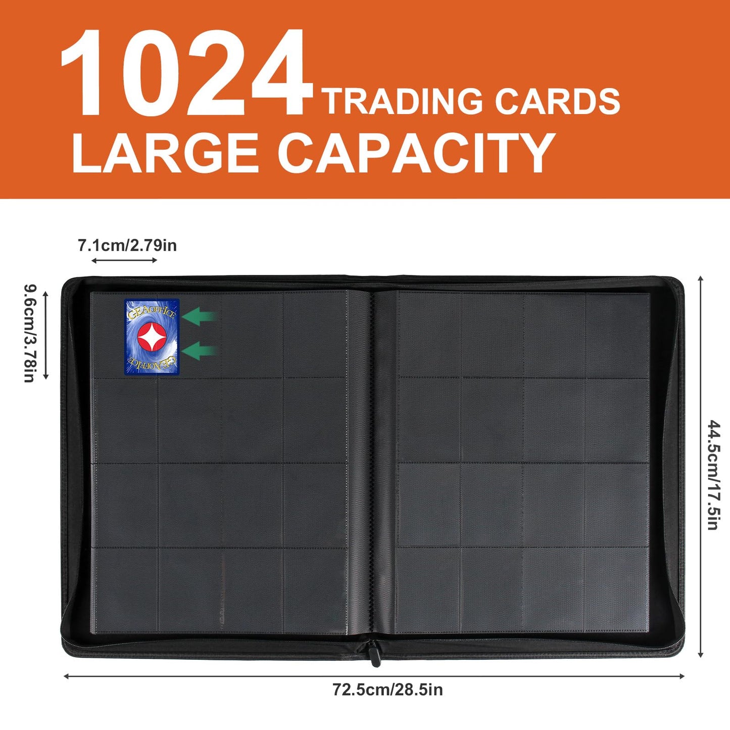 GEAoffice 16-Pocket Trading Card Binder – 1024 Card Capacity, Zippered PU Leather (Orange)