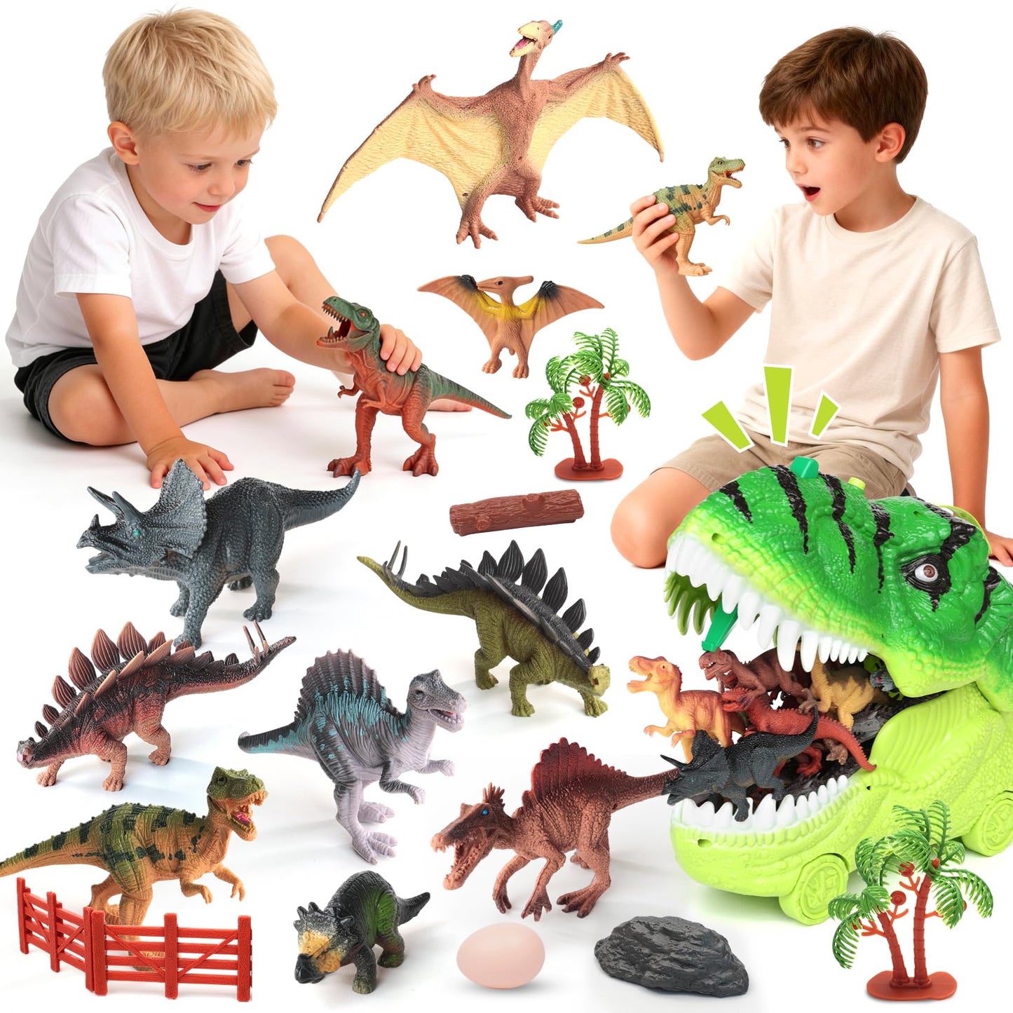 Gearvibe 29-Pc Dinosaur Toys Set: Realistic Jurassic Figures, Trees, Eggs & Fence Playset