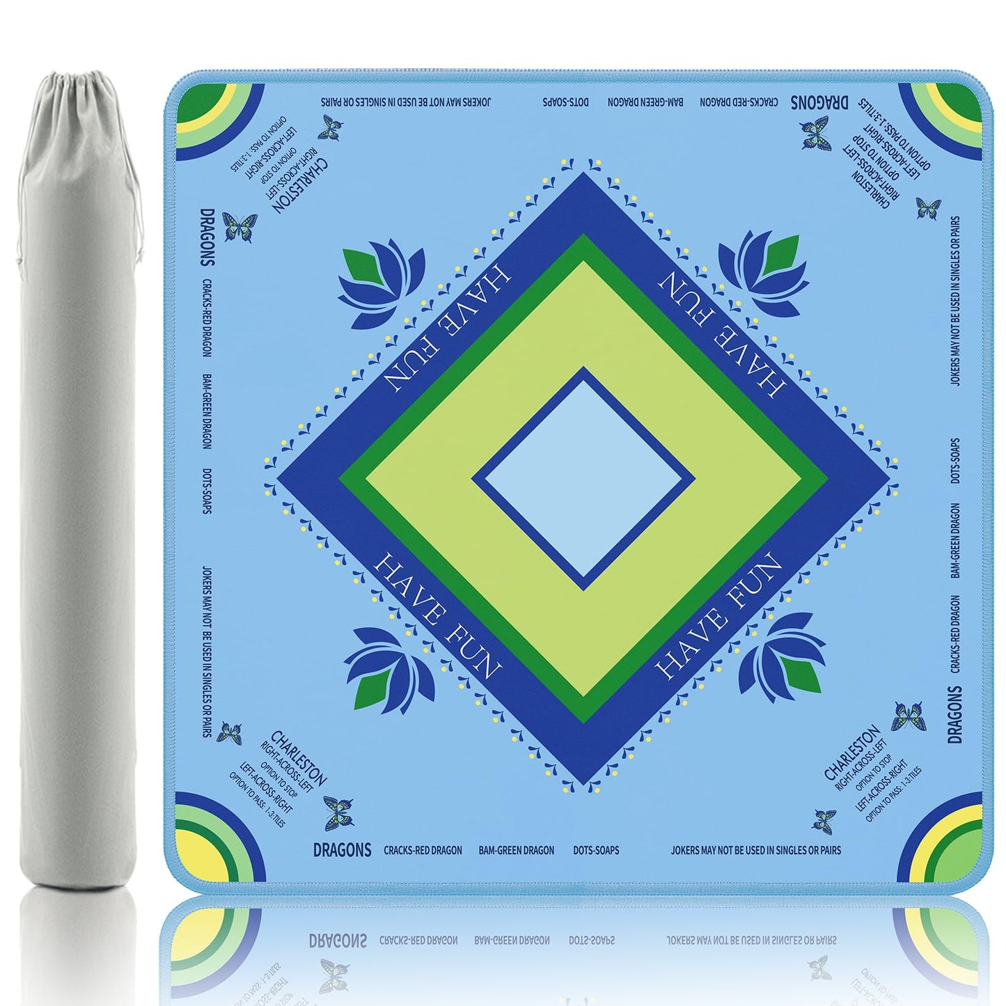 Gedgan Ocean Blue Mahjong Mat – Lotus & Butterfly Artwork, 32.4x32.4 in, Anti-Slip Rubber