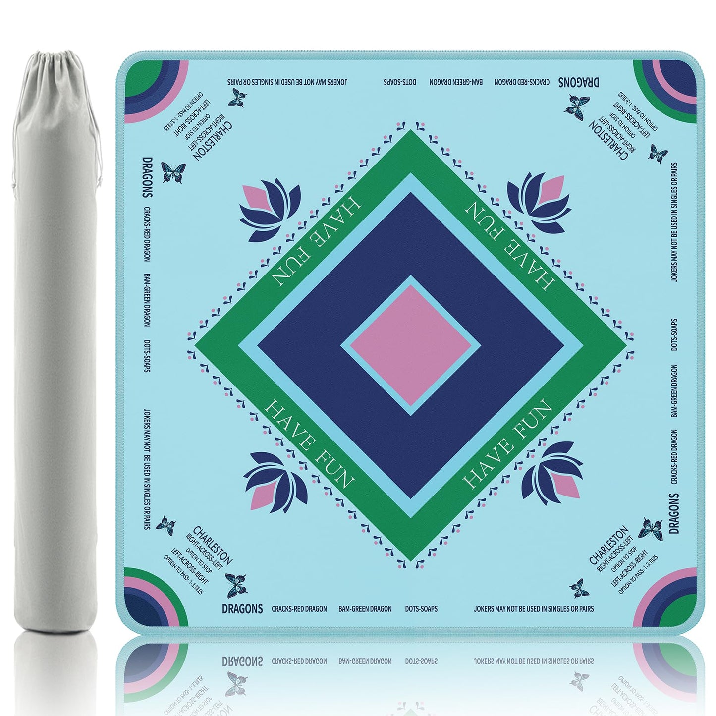 Gedgan Turquoise Mahjong Mat with Lotus & Butterfly Artwork – 32.4x32.4 Inch, Anti-Slip, Foldable, Waterproof