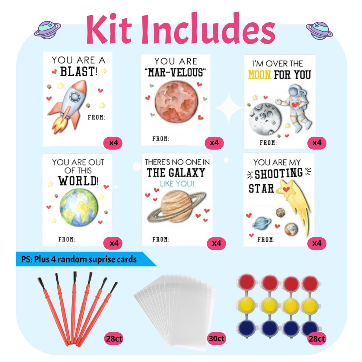 GEECOZYLIFE 28-Pack Space Astronaut Valentines Craft Kit for Kids – Non-Candy Classroom Gifts
