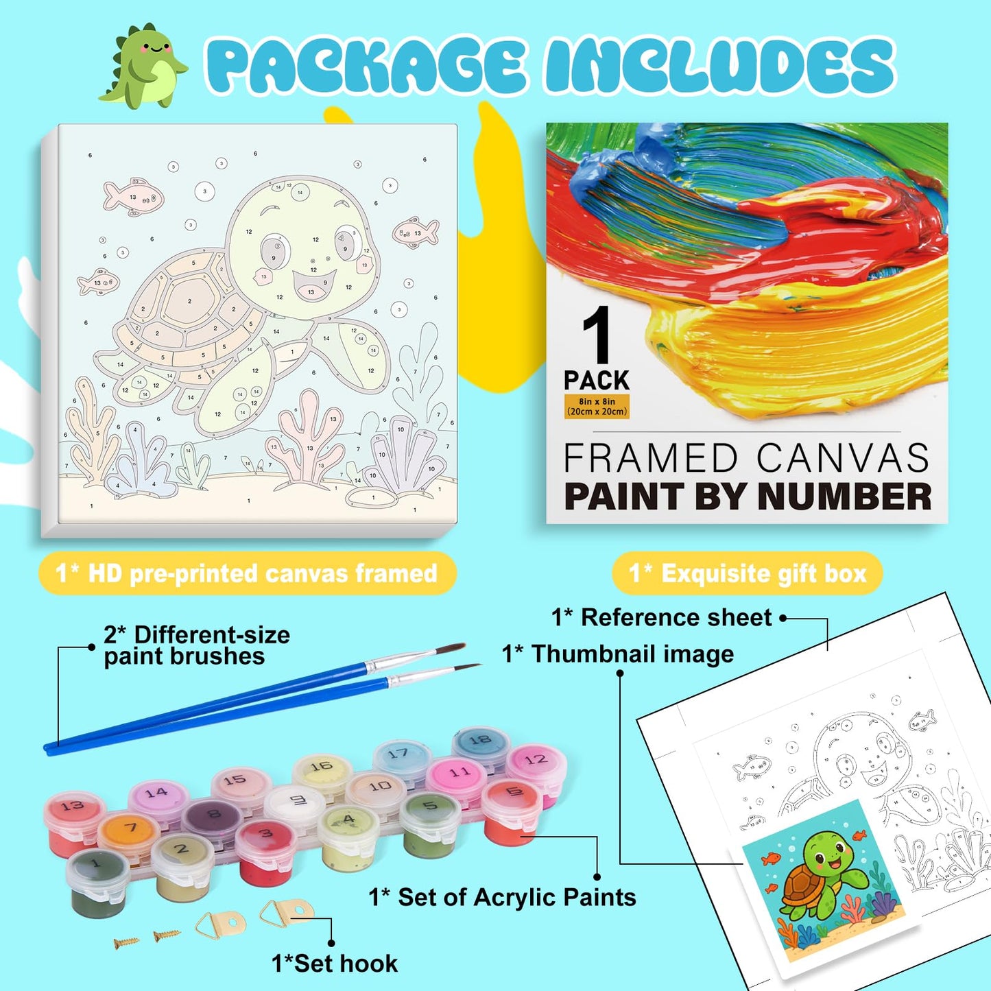 GEEHEIY Sea Turtle Paint by Numbers Kit for Kids with Frame – 8x8 in