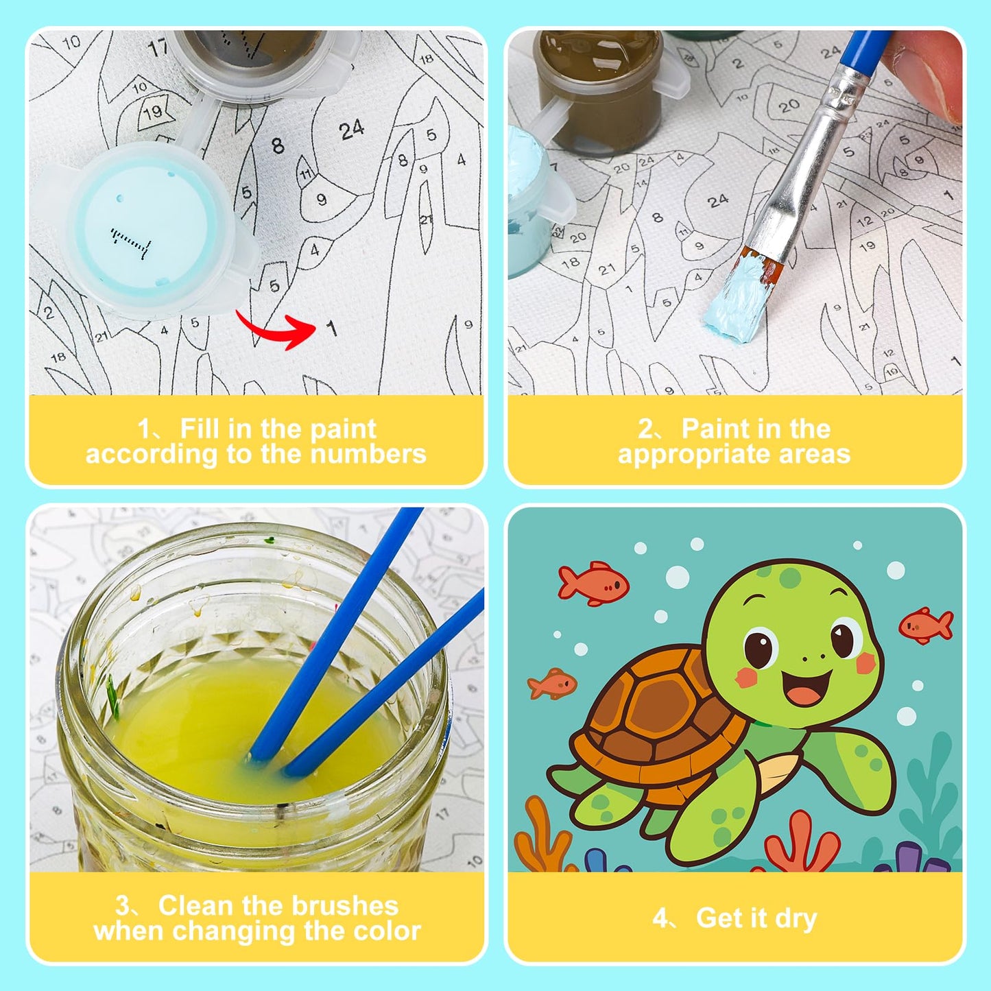 GEEHEIY Sea Turtle Paint by Numbers Kit for Kids with Frame – 8x8 in