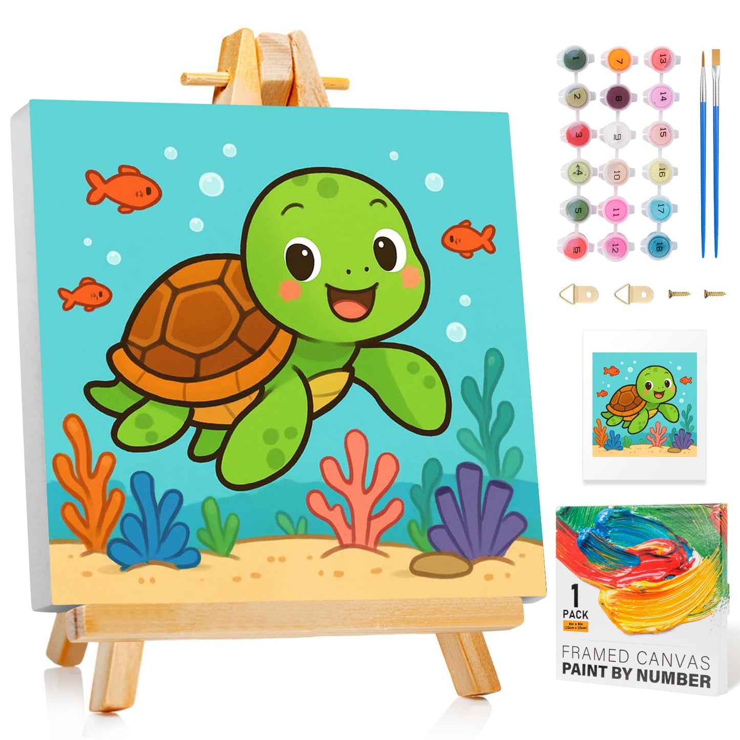 GEEHEIY Sea Turtle Paint by Numbers Kit for Kids with Frame – 8x8 in