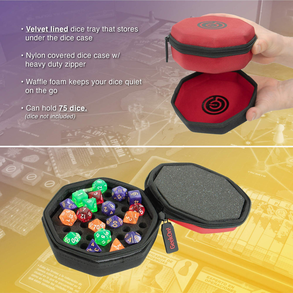 GEEKON Protective Padded Dice Case & Integrated Felt Dice Tray – 75+ Dice Capacity | Red