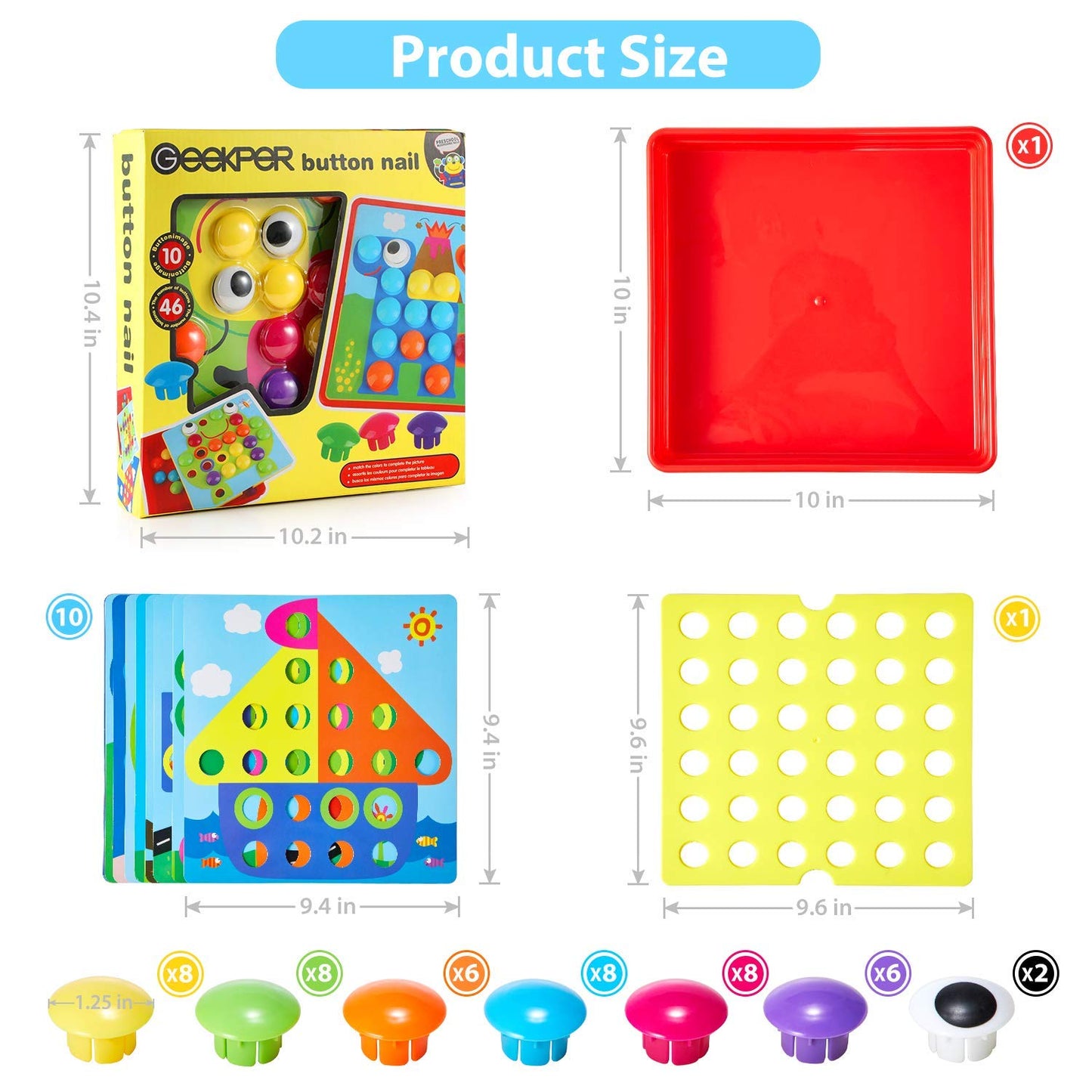 Geekper 68-Piece Button Art Toys for Toddlers – Color Matching Mosaic Pegboard Set (Ages 3–6)