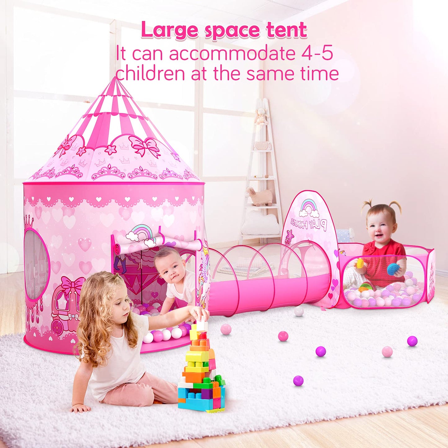 GeerWest 3PC Princess Tent with Ball Pit & Crawl Tunnel | Indoor/Outdoor Playhouse for Toddlers