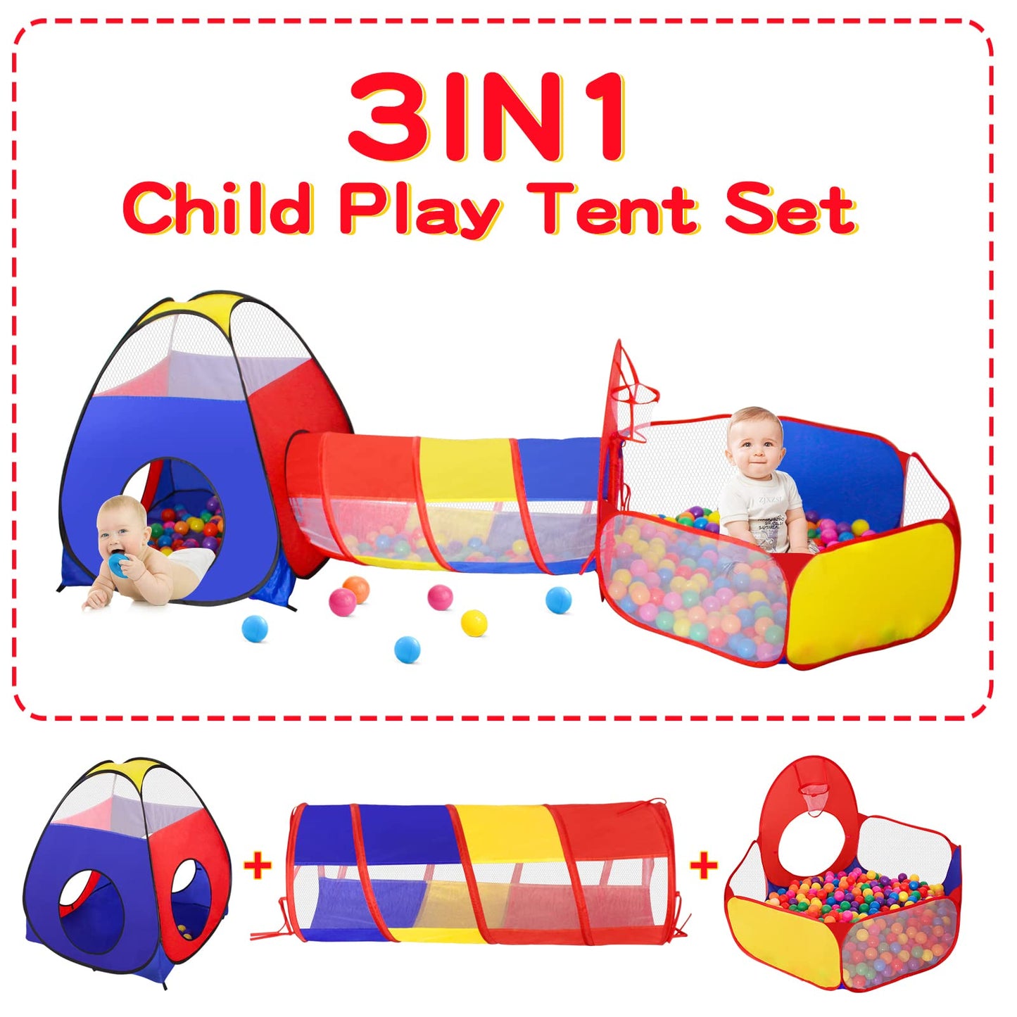 GeerWest 3 in 1 Kids Play Tent with Ball Pit & Tunnel – Portable Indoor Outdoor Playhouse