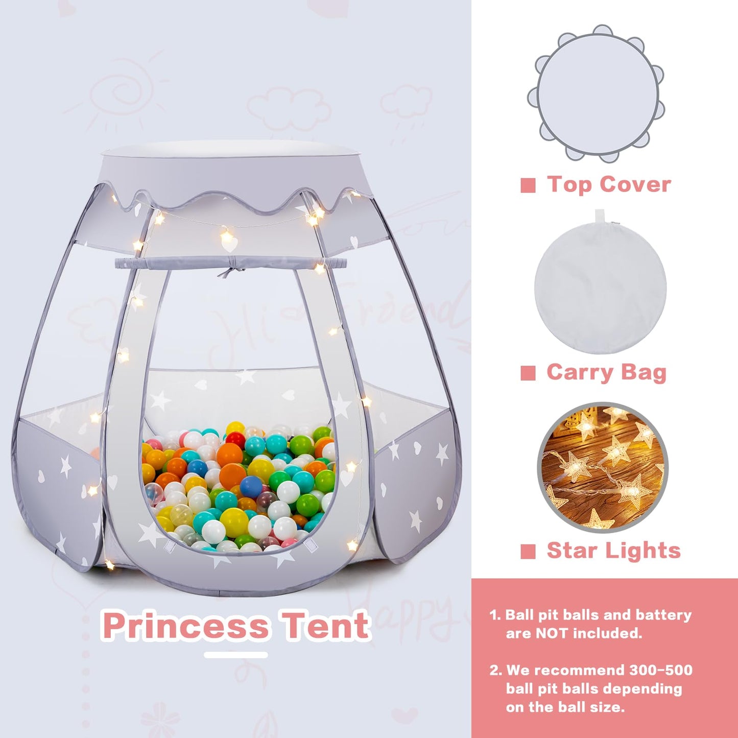 GeerWest Baby Ball Pit with Star Lights – Pop Up Princess Tent for Toddlers | Indoor/Outdoor Gift