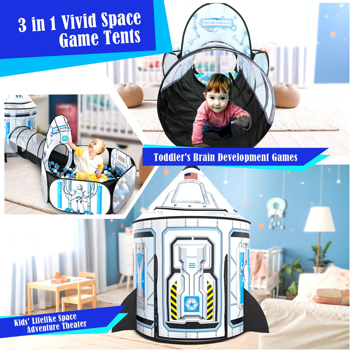 GeerWest Kids 3-in-1 Rocket Ship Ball Pit Play Tent | Indoor/Outdoor Astronaut Tunnel