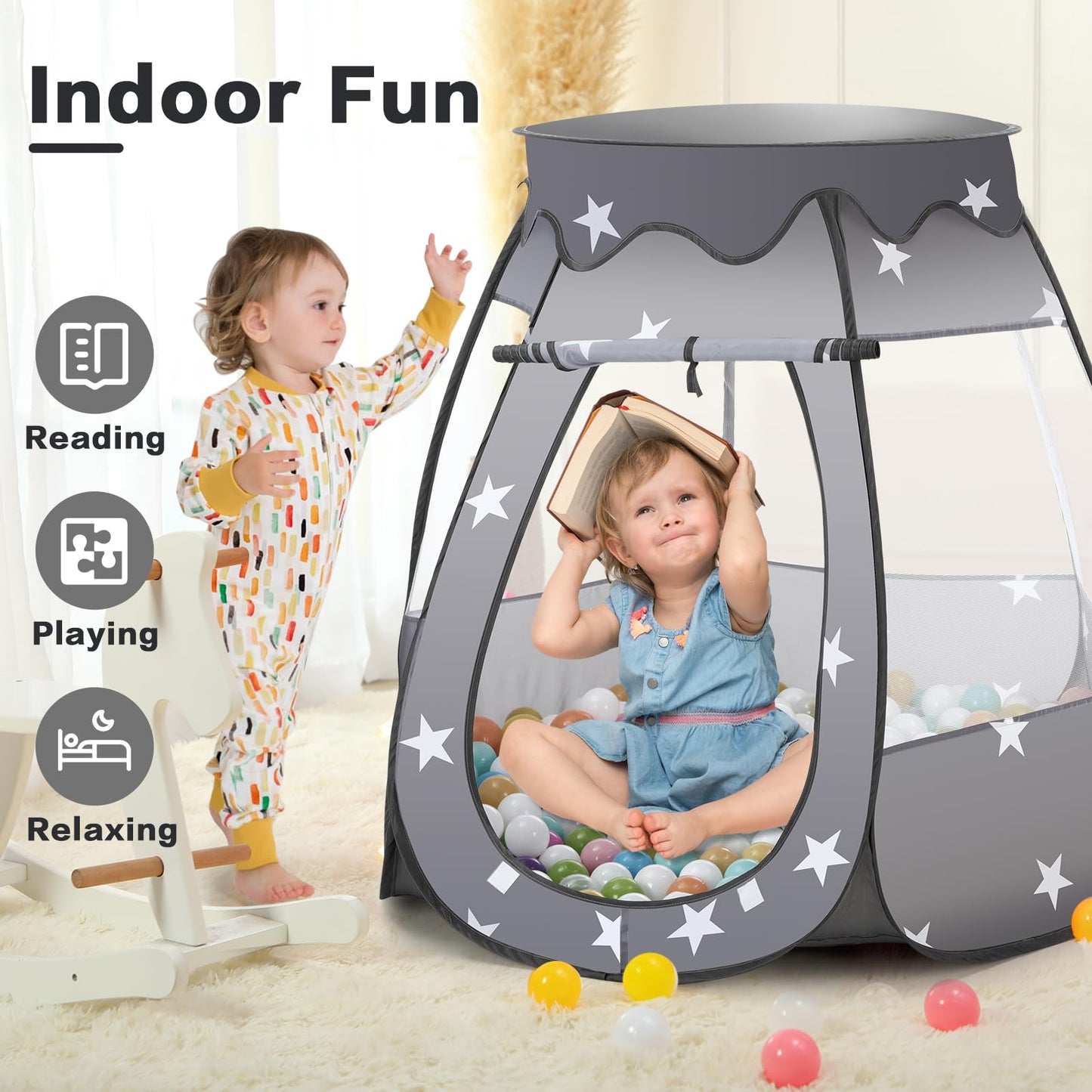 GeerWest Baby Ball Pit with Star Lights - Pop Up Princess Tent for Kids