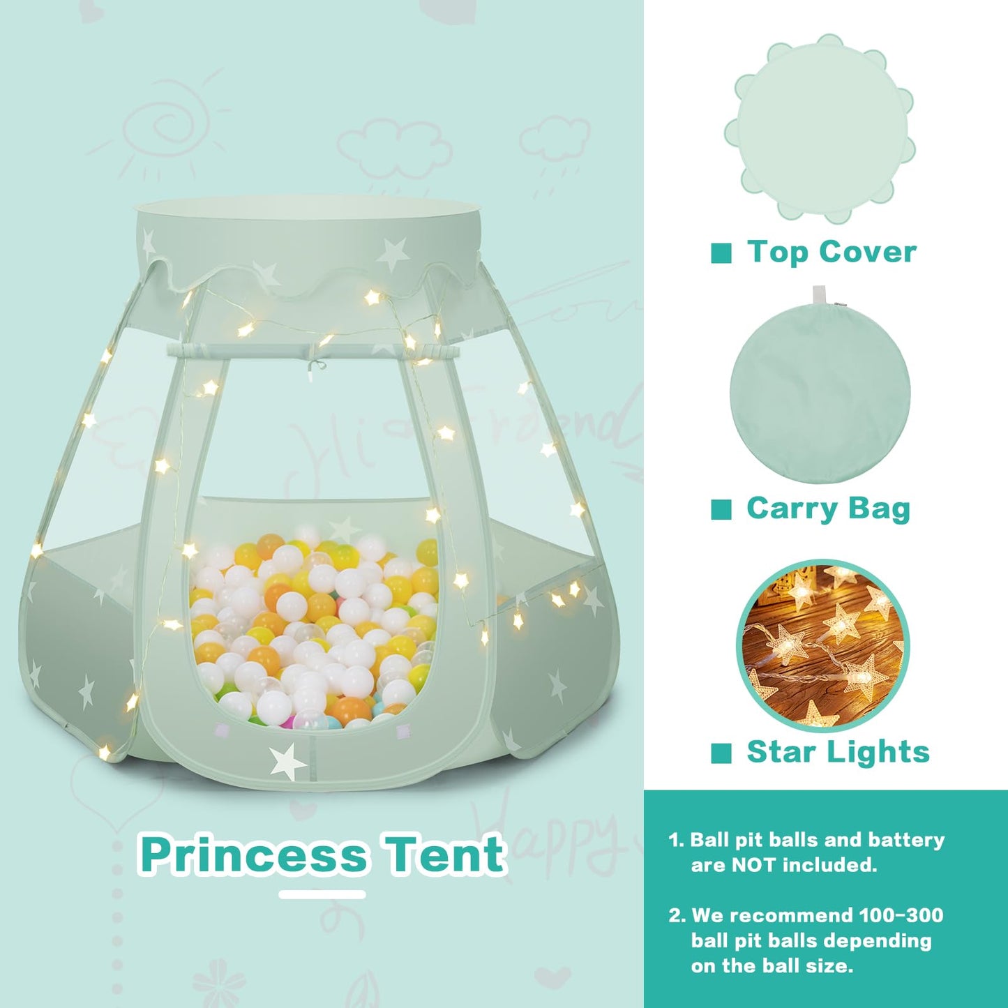 GeerWest Baby Ball Pit with Star Lights — Pop Up Princess Tent for Kids (Grayish Green) – No Balls Included