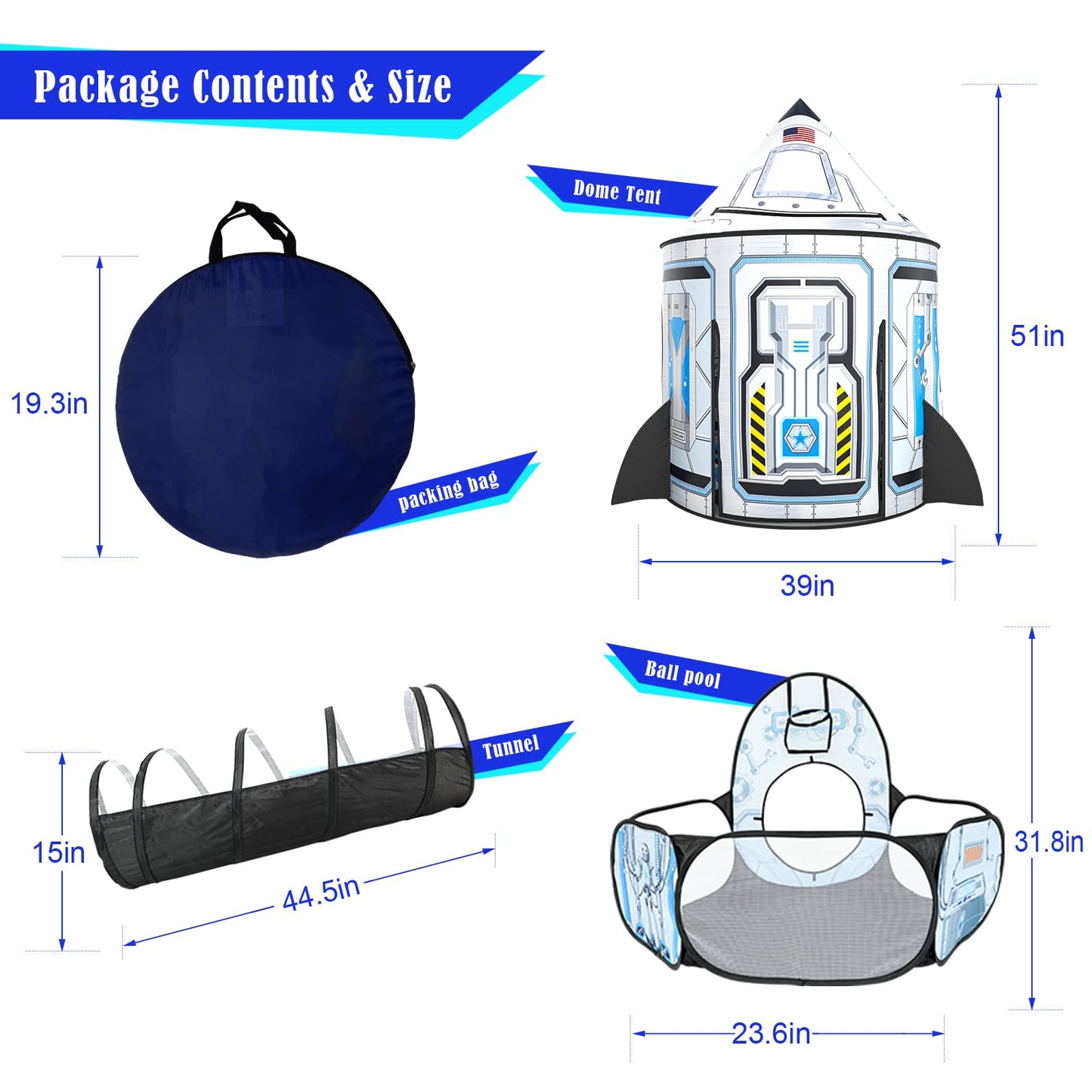 GeerWest Kids 3-in-1 Rocket Ship Ball Pit Play Tent | Indoor/Outdoor Astronaut Tunnel