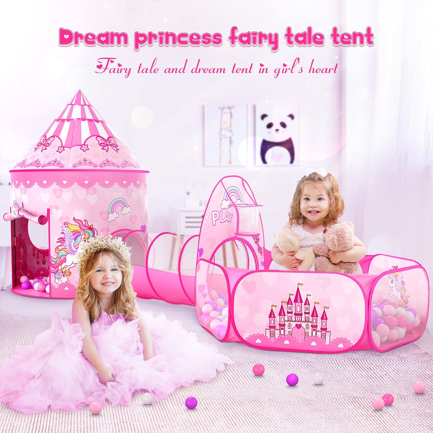 GeerWest 3PC Princess Tent with Ball Pit & Crawl Tunnel | Indoor/Outdoor Playhouse for Toddlers