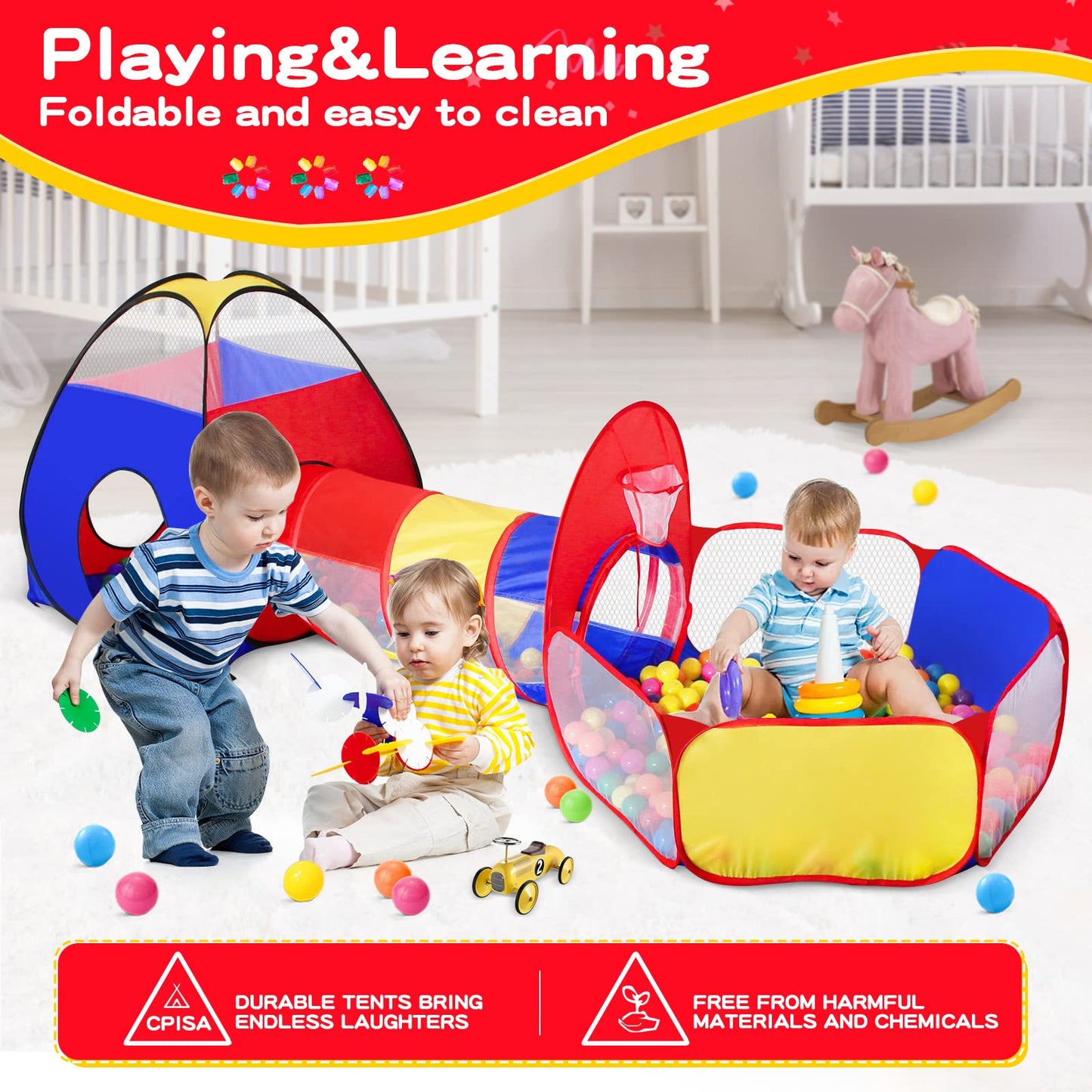GeerWest 3 in 1 Kids Play Tent with Ball Pit & Tunnel – Portable Indoor Outdoor Playhouse
