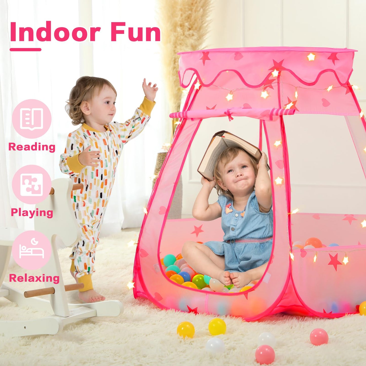 GeerWest Baby Ball Pit with Star Lights – Pop Up Princess Tent (Pink)
