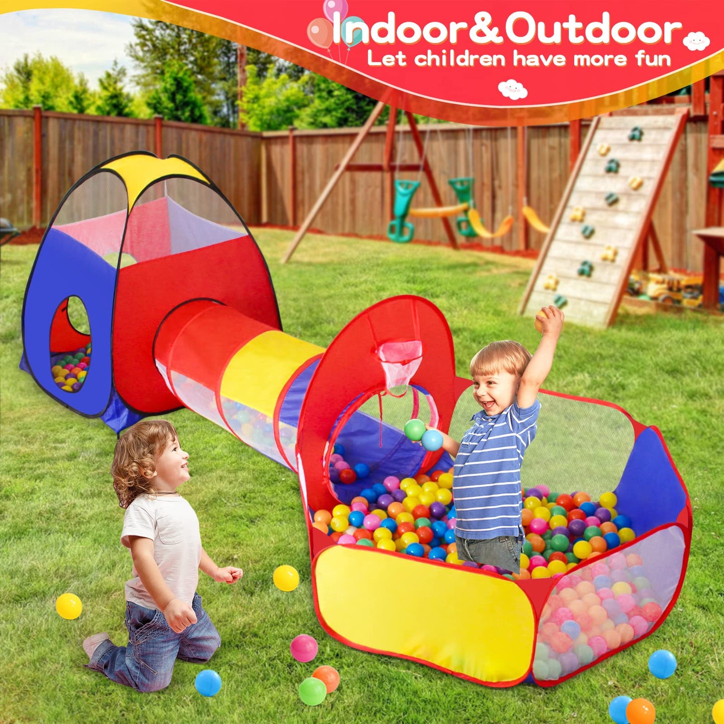 GeerWest 3 in 1 Kids Play Tent with Ball Pit & Tunnel – Portable Indoor Outdoor Playhouse