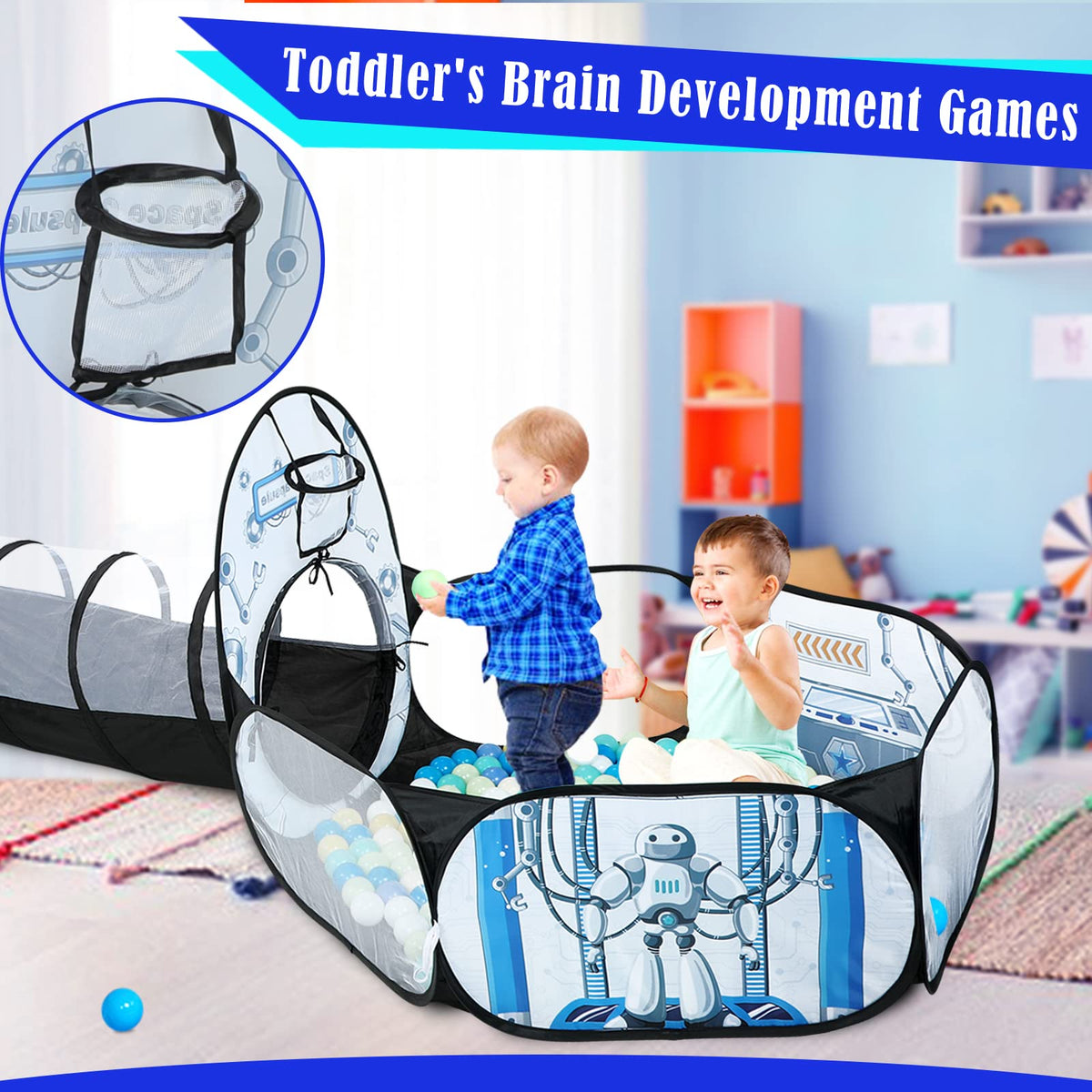 GeerWest Kids 3-in-1 Rocket Ship Ball Pit Play Tent | Indoor/Outdoor Astronaut Tunnel