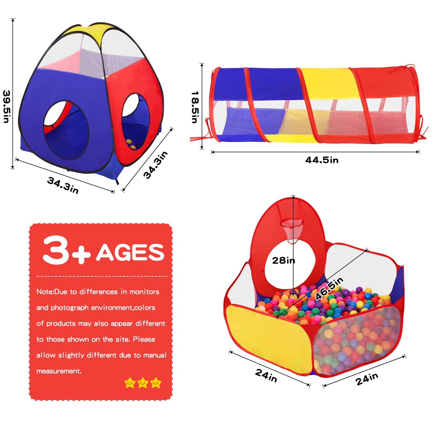 GeerWest 3 in 1 Kids Play Tent with Ball Pit & Tunnel – Portable Indoor Outdoor Playhouse