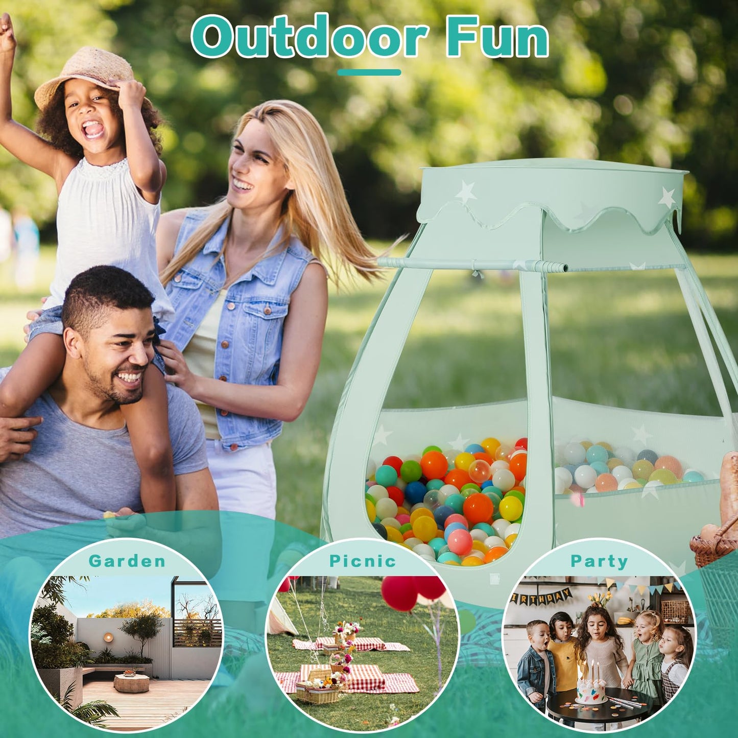 GeerWest Baby Ball Pit with Star Lights — Pop Up Princess Tent for Kids (Grayish Green) – No Balls Included
