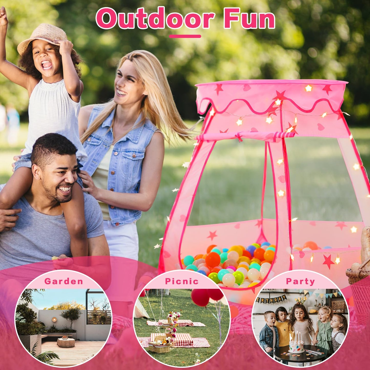 GeerWest Baby Ball Pit with Star Lights – Pop Up Princess Tent (Pink)