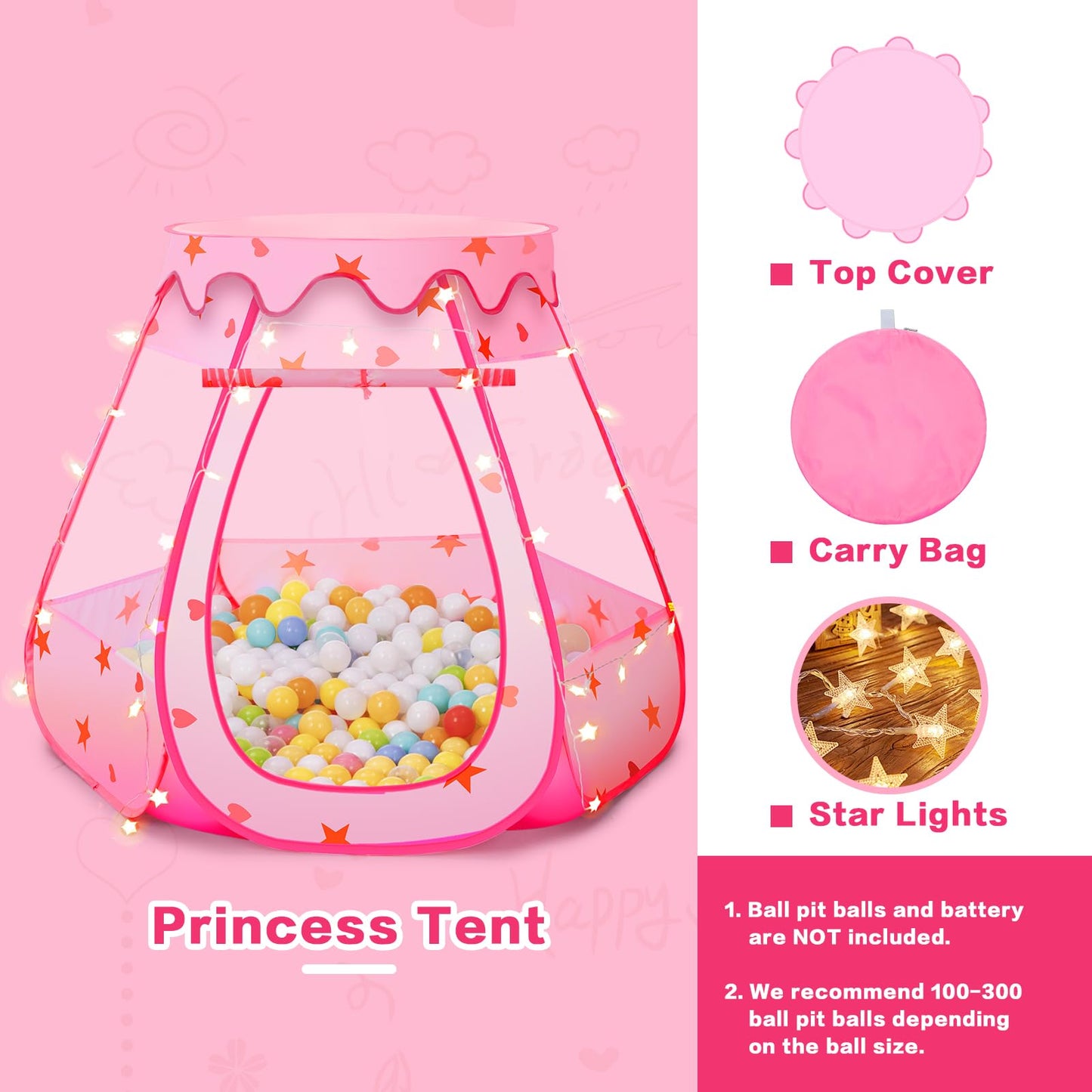GeerWest Baby Ball Pit with Star Lights – Pop Up Princess Tent (Pink)