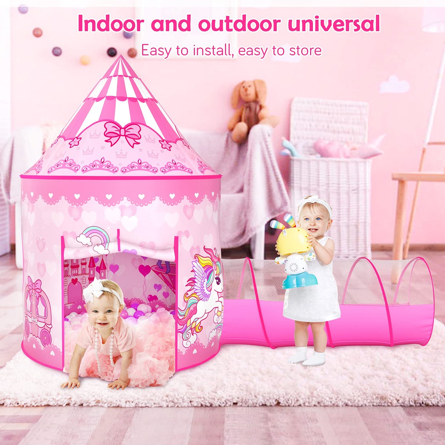 GeerWest 3PC Princess Tent with Ball Pit & Crawl Tunnel | Indoor/Outdoor Playhouse for Toddlers