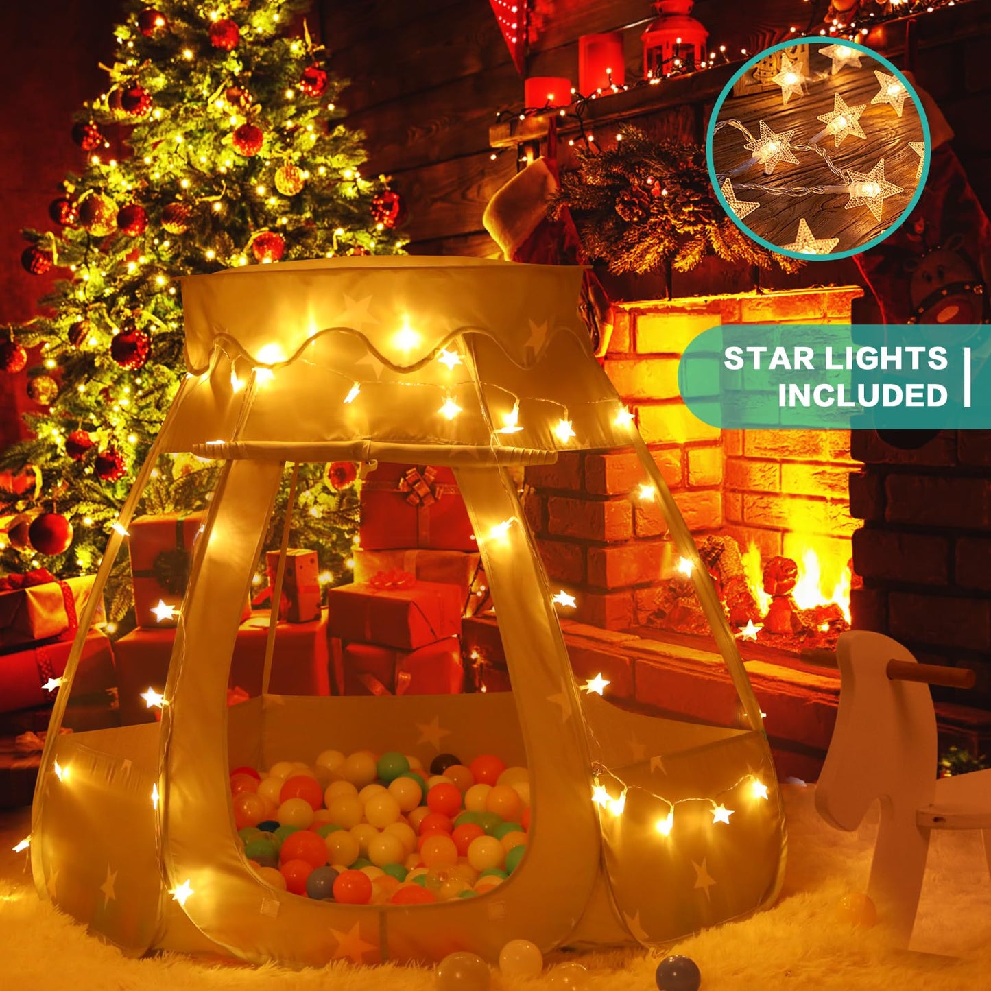GeerWest Baby Ball Pit with Star Lights — Pop Up Princess Tent for Kids (Grayish Green) – No Balls Included