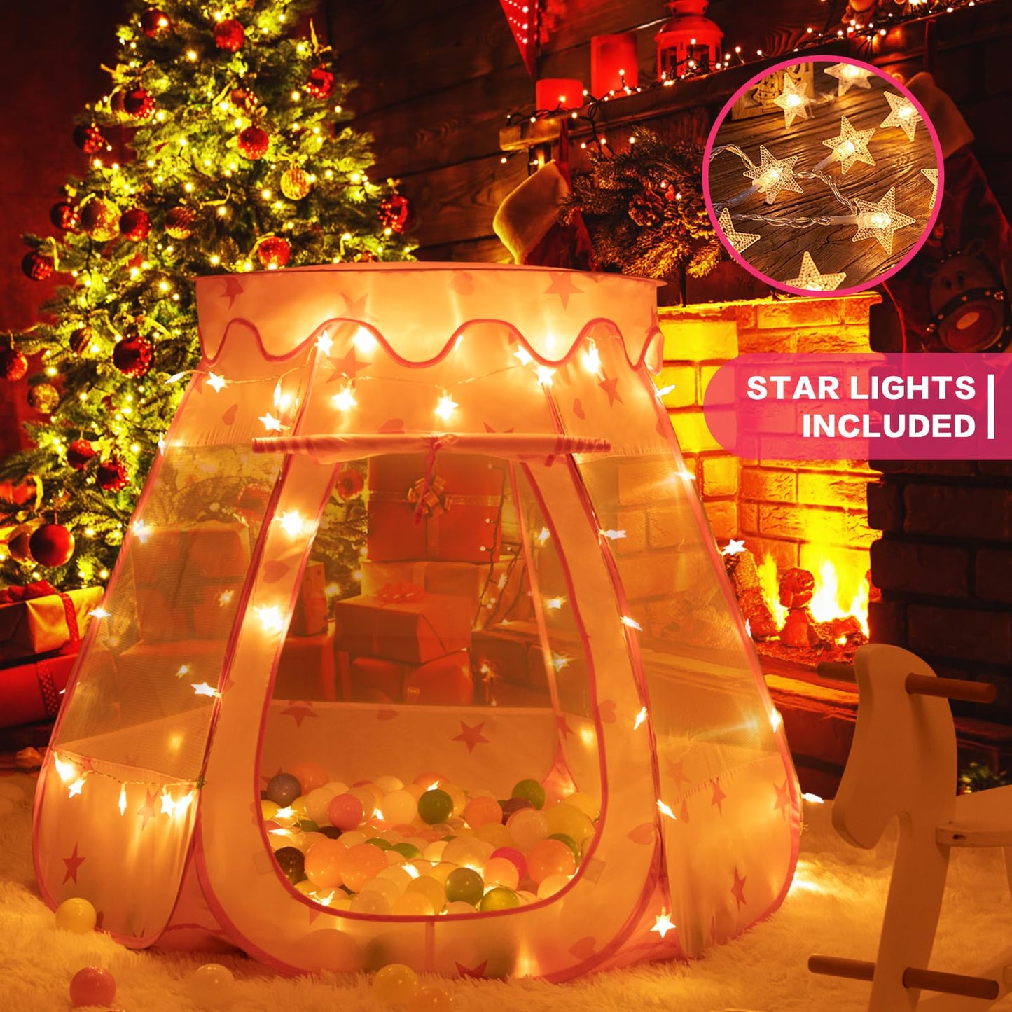 GeerWest Baby Ball Pit with Star Lights – Pop Up Princess Tent (Pink)