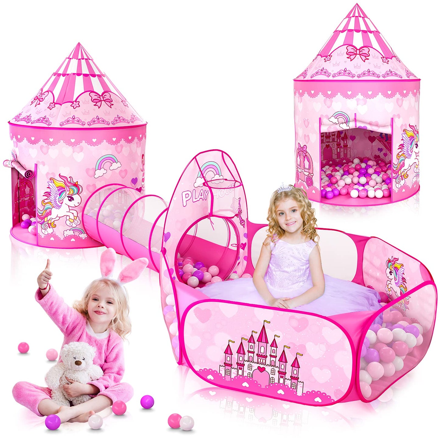 GeerWest 3PC Princess Tent with Ball Pit & Crawl Tunnel | Indoor/Outdoor Playhouse for Toddlers