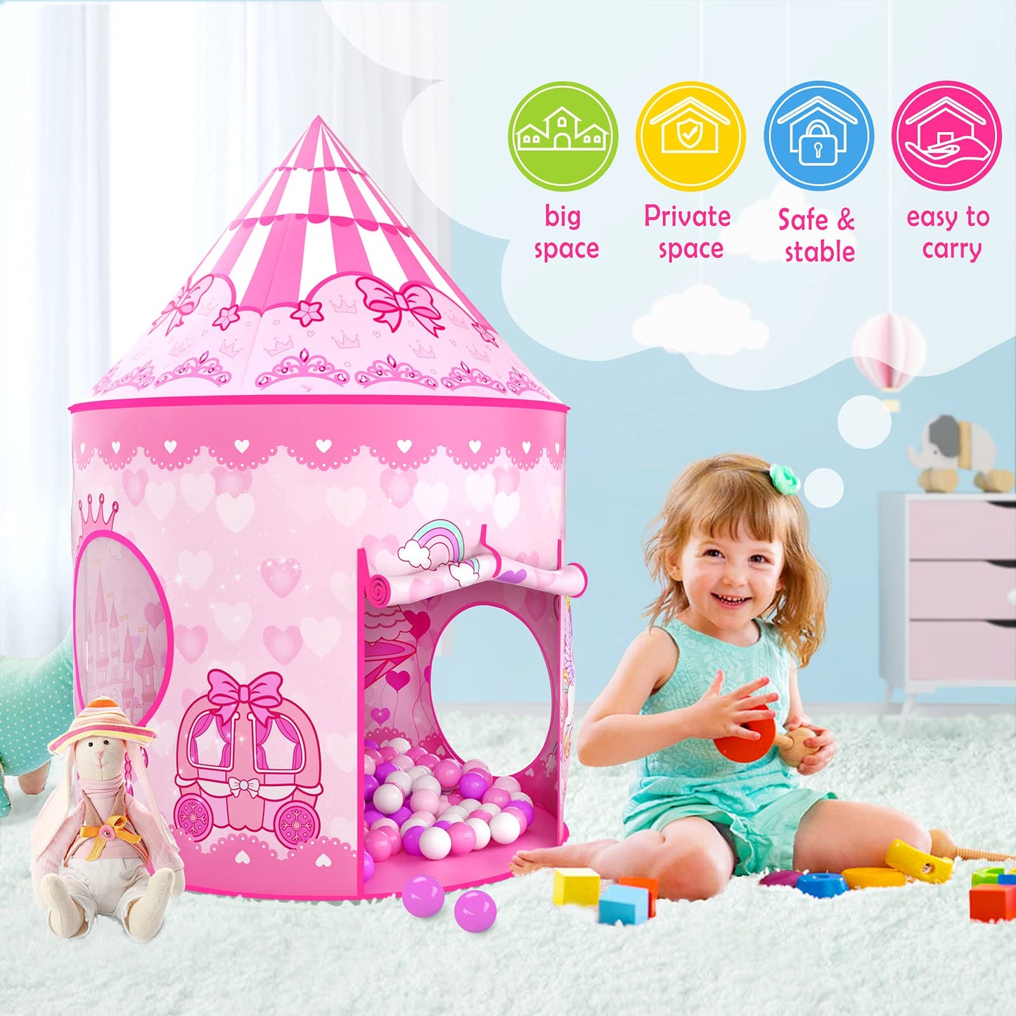 GeerWest 3PC Princess Tent with Ball Pit & Crawl Tunnel | Indoor/Outdoor Playhouse for Toddlers
