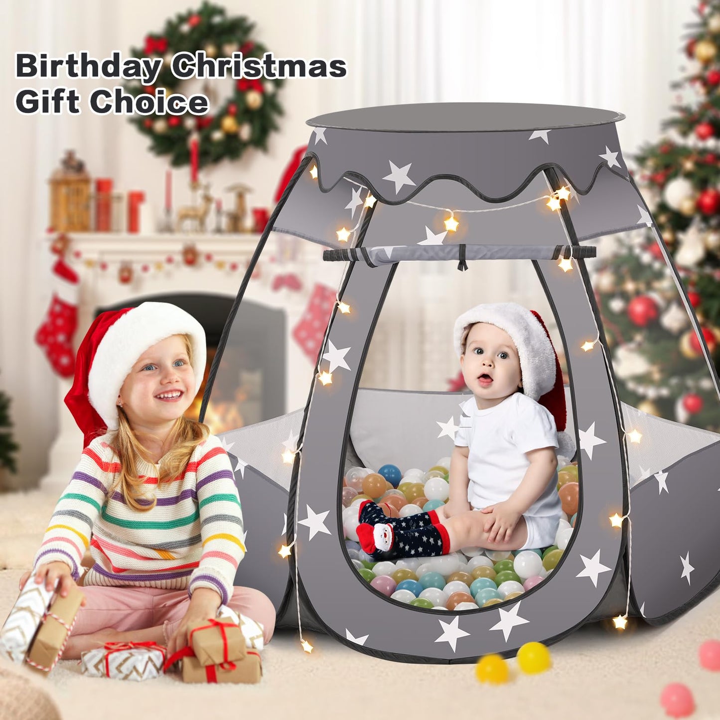 GeerWest Baby Ball Pit with Star Lights - Pop Up Princess Tent for Kids