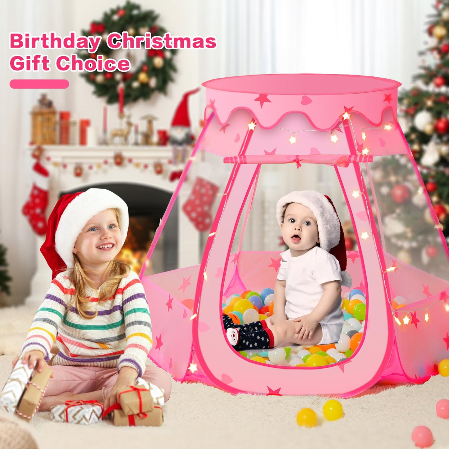 GeerWest Baby Ball Pit with Star Lights – Pop Up Princess Tent (Pink)
