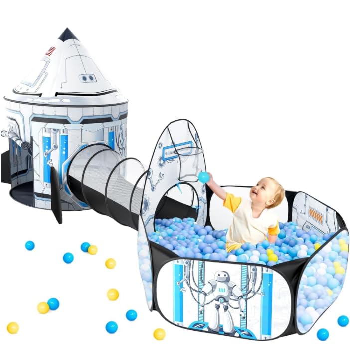 GeerWest Kids 3-in-1 Rocket Ship Ball Pit Play Tent | Indoor/Outdoor Astronaut Tunnel