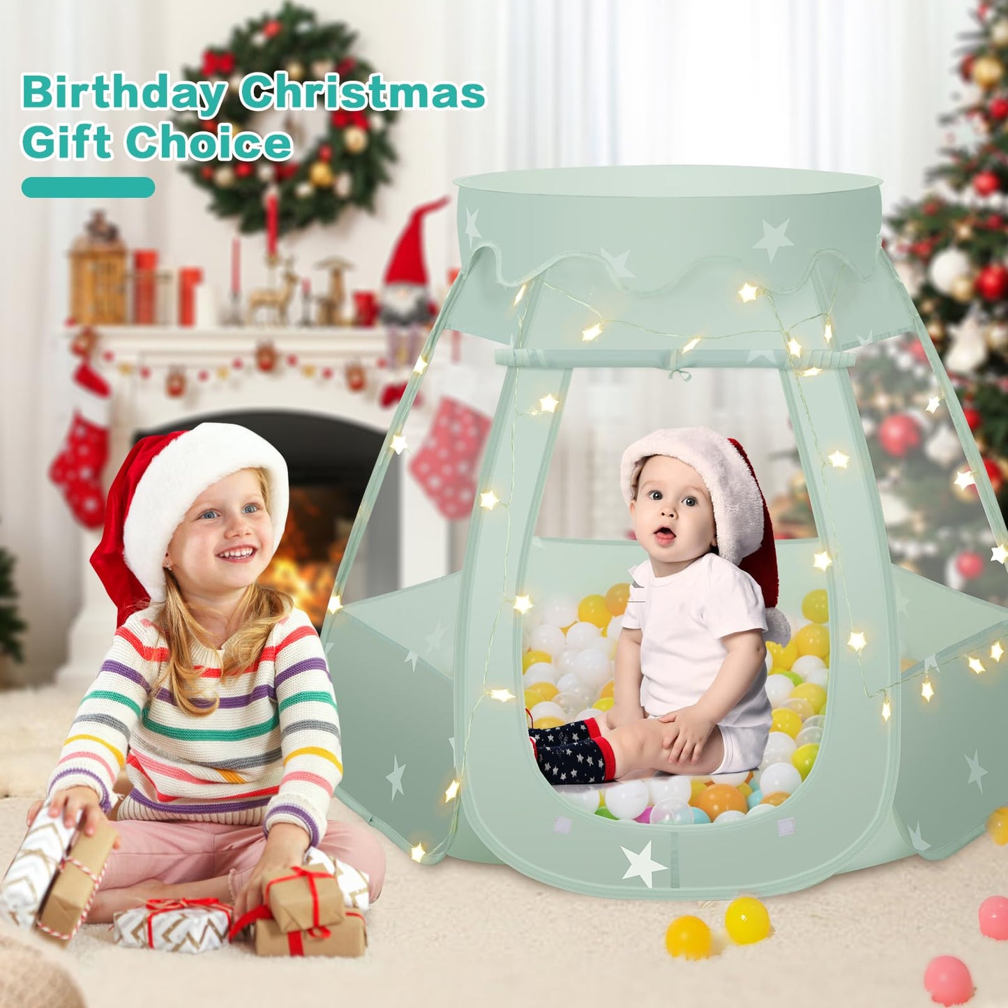 GeerWest Baby Ball Pit with Star Lights — Pop Up Princess Tent for Kids (Grayish Green) – No Balls Included