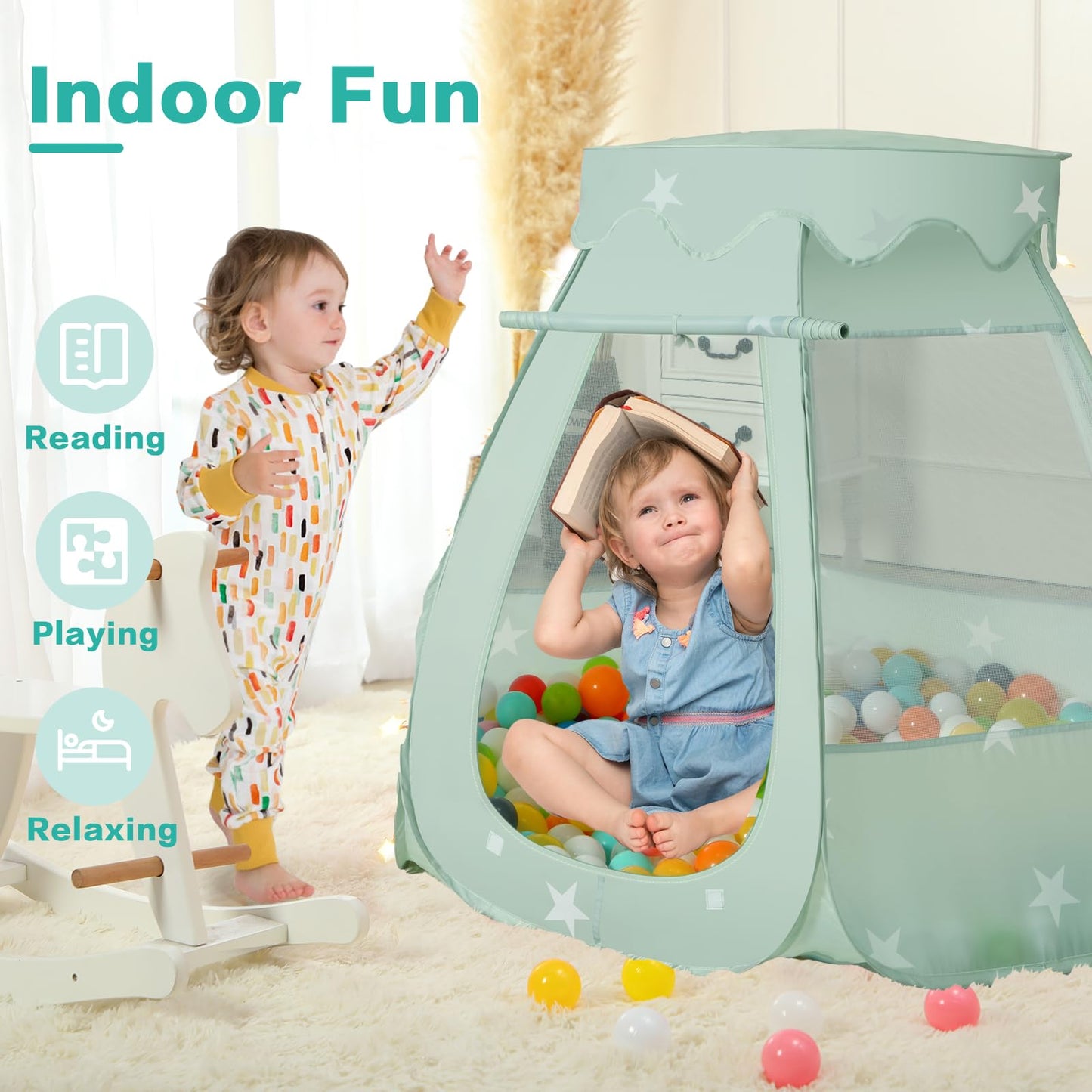 GeerWest Baby Ball Pit with Star Lights — Pop Up Princess Tent for Kids (Grayish Green) – No Balls Included