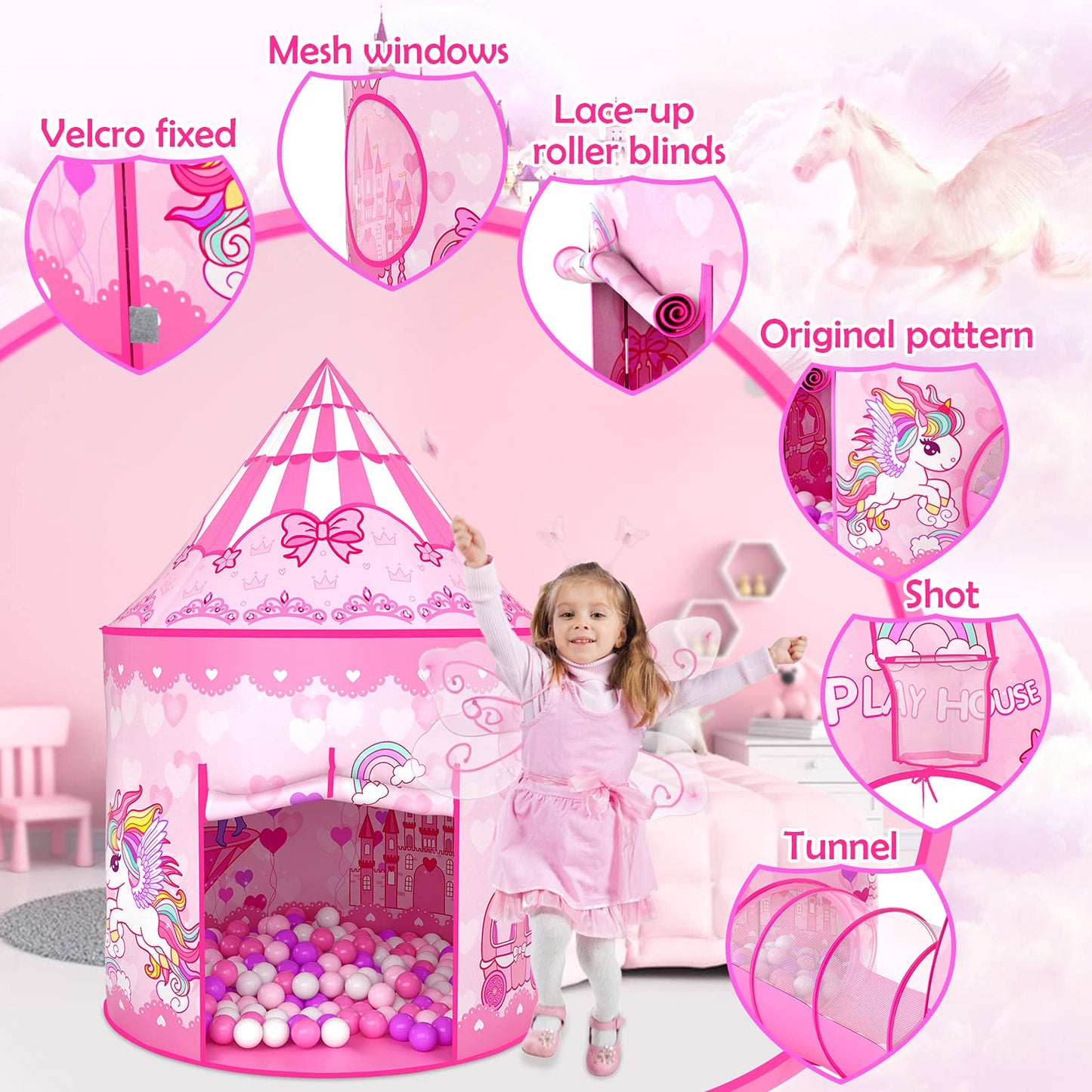 GeerWest 3PC Princess Tent with Ball Pit & Crawl Tunnel | Indoor/Outdoor Playhouse for Toddlers