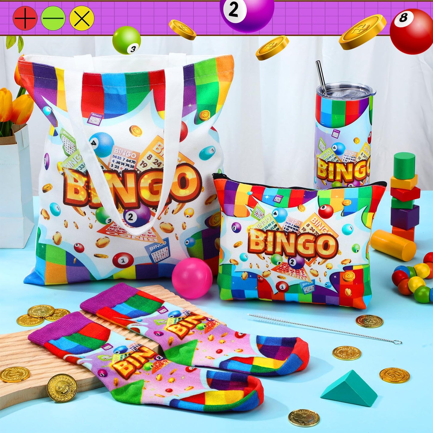 Geiserailie Bingo Gift Set for Women — 4-Piece: Tumbler, Tote, Makeup Bag & Socks