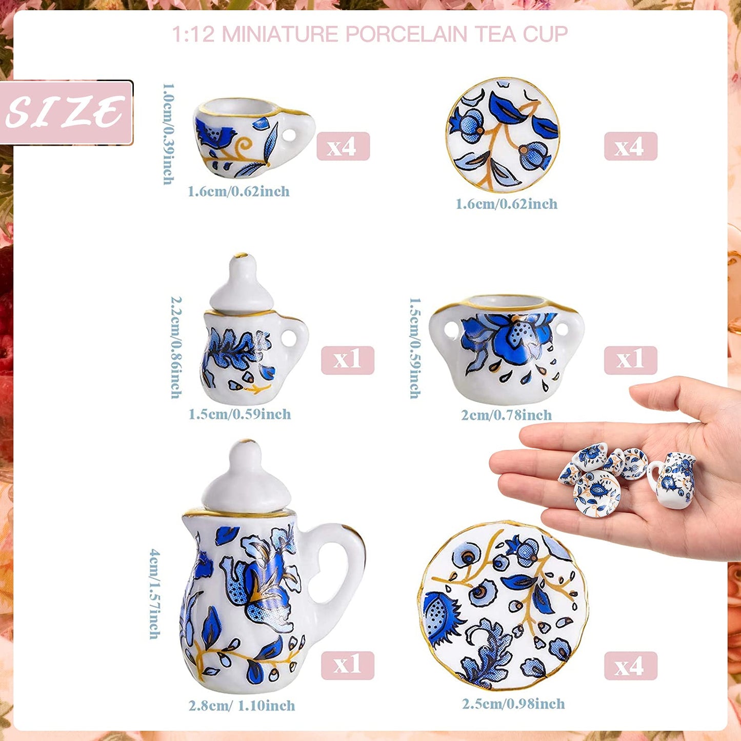 Geiserailie 2 Set 1:12 Dollhouse Porcelain Tea Cup Set with Golden Trim