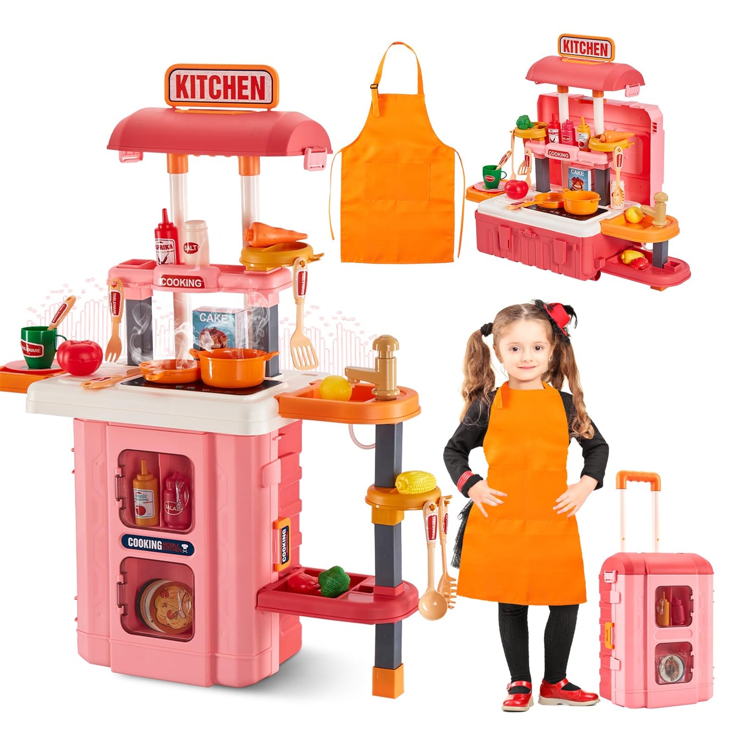 GEIYATOI 3-in-1 Kids Play Kitchen - Real Sounds & Lights, 50 Accessories, Portable Travel Case